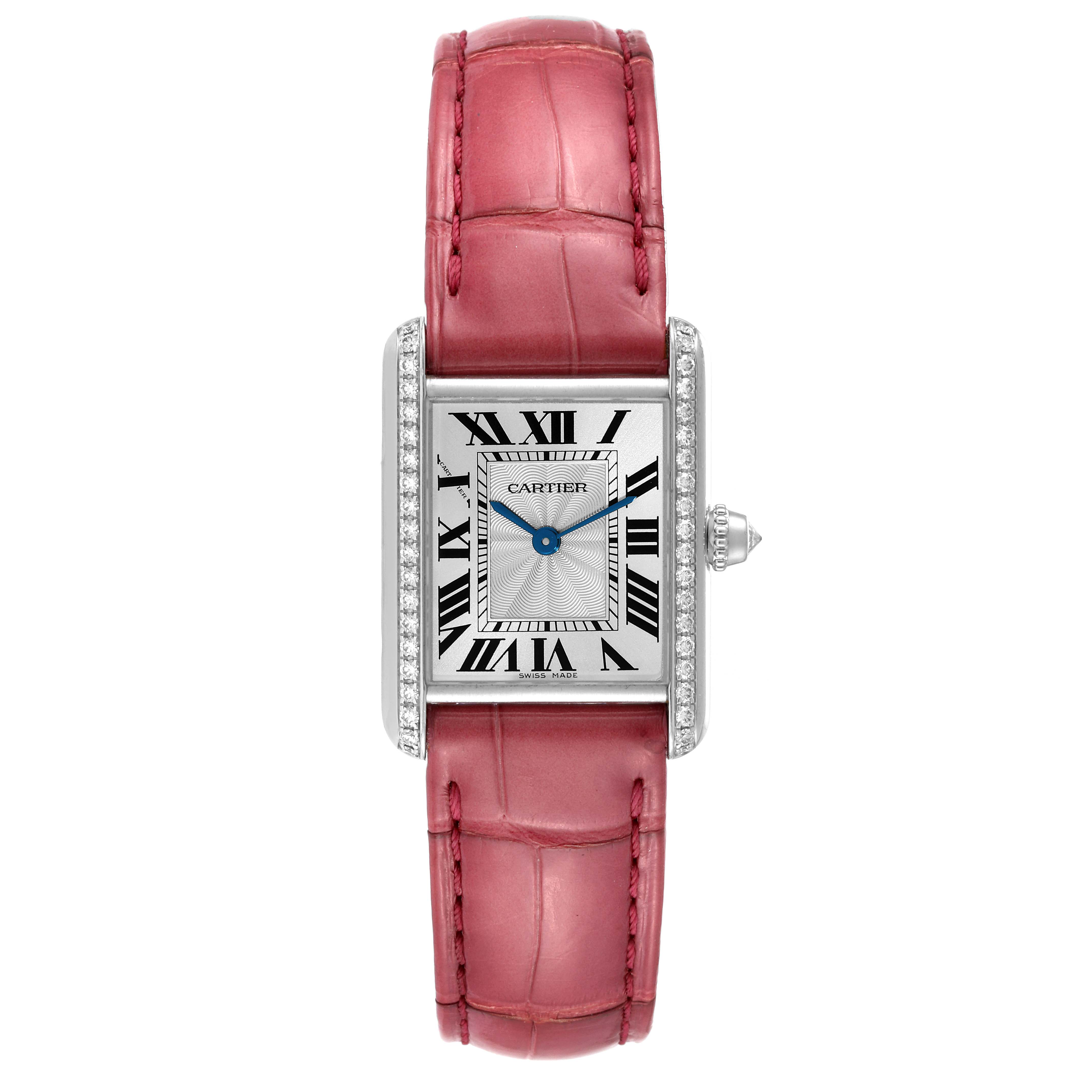 This image shows a front view of the Cartier Tank Louis WJTA0011 Women's White Gold Silver Dial WJTA0011 Women's White Gold Silver Dial watch featuring a rectangular dial and a red leather strap.