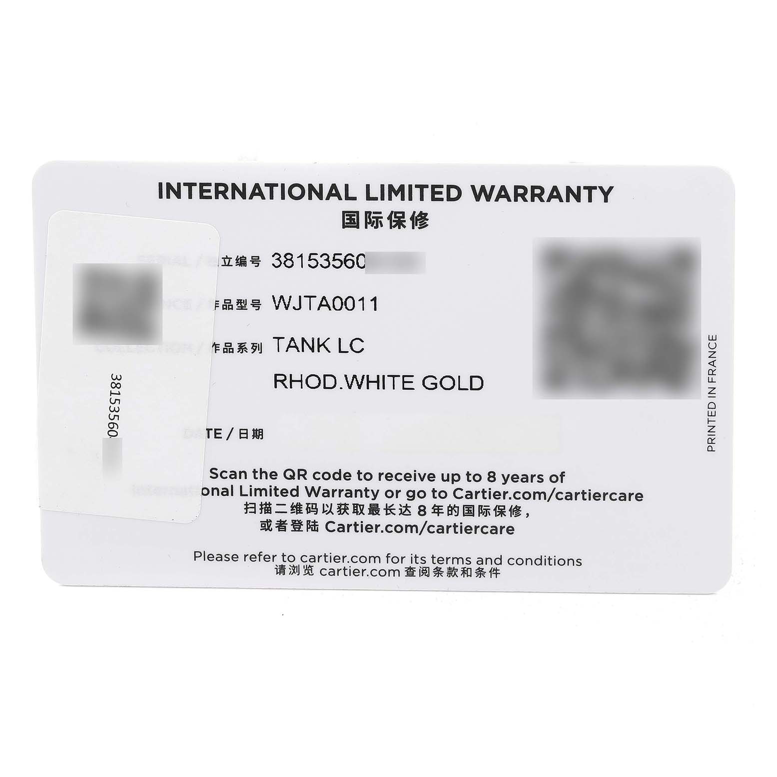 The image shows an International Limited Warranty card for a Cartier Tank Louis WJTA0011 Women's White Gold Silver Dial WJTA0011 Women's White Gold Silver Dial model watch.