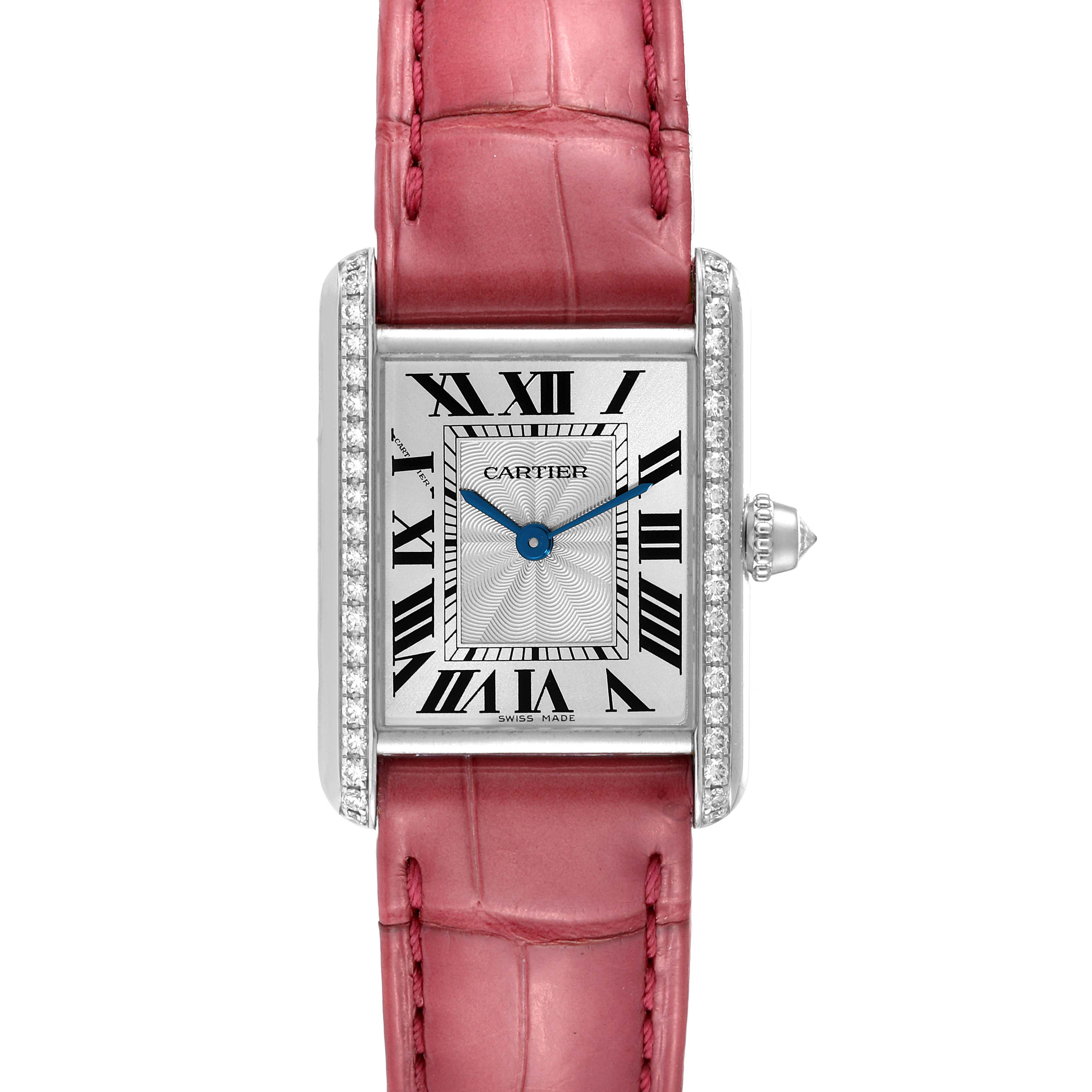 The image shows a front view of the Cartier Tank Louis WJTA0011 Women's White Gold Silver Dial WJTA0011 Women's White Gold Silver Dial watch, featuring its rectangular face, Roman numerals, and pink leather strap.