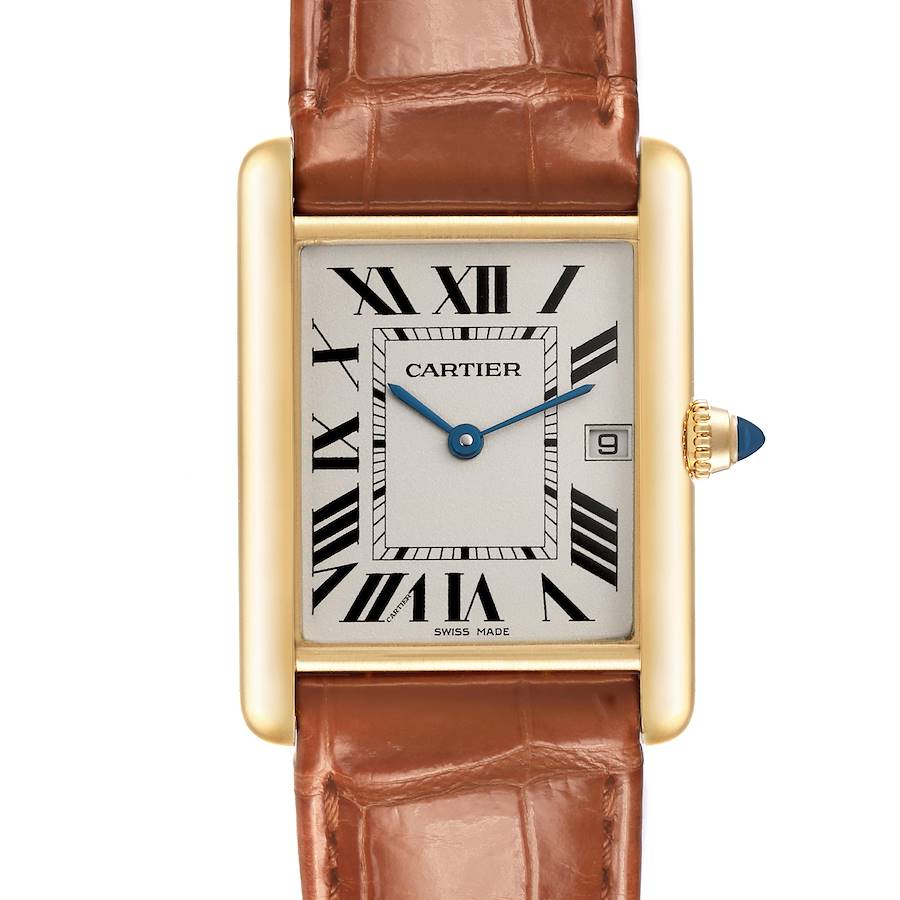 The Cartier Tank Louis watch is shown from the front, highlighting its rectangular dial, Roman numerals, date window, and leather strap.
