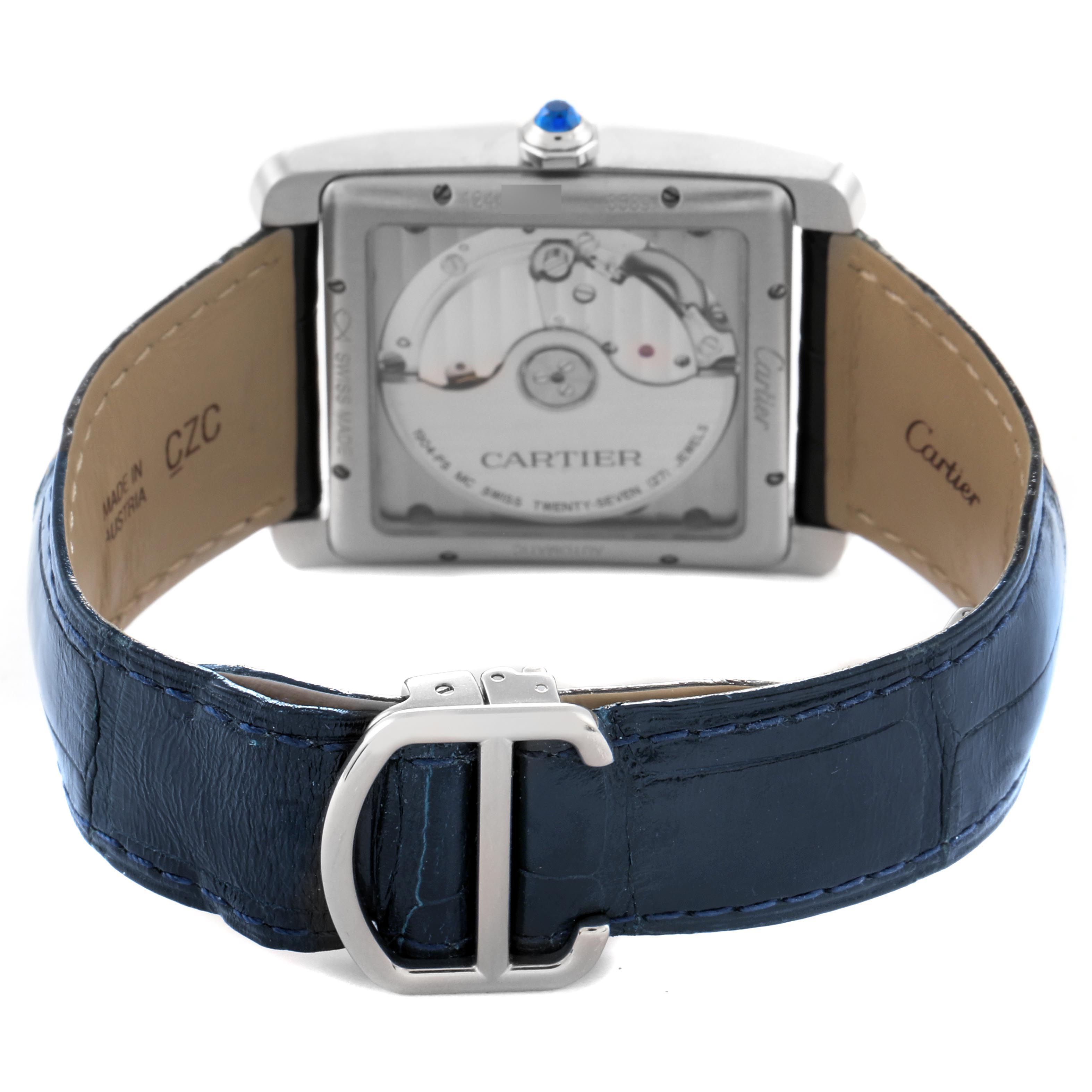 The image shows the back of a Cartier Tank MC WSTA0010 Men's Stainless Steel Blue Dial WSTA0010 Men's Stainless Steel Blue Dial watch with a visible movement and a blue leather strap.