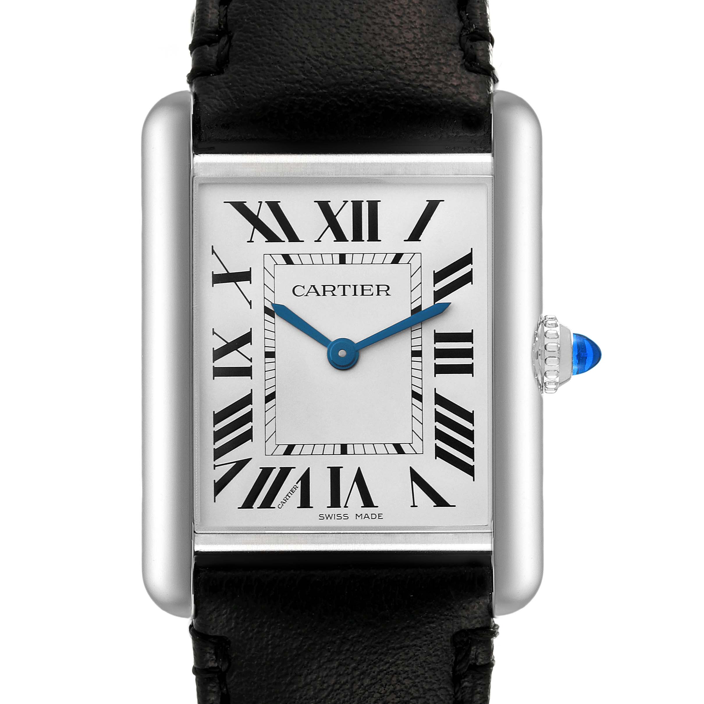 The image shows a front view of the Cartier Tank Must WSTA0059 Women
s Stainless Steel Silver Dial WSTA0059 Women
s Stainless Steel Silver Dial watch, highlighting its rectangular dial, Roman numerals, blue hands, and black leather strap.