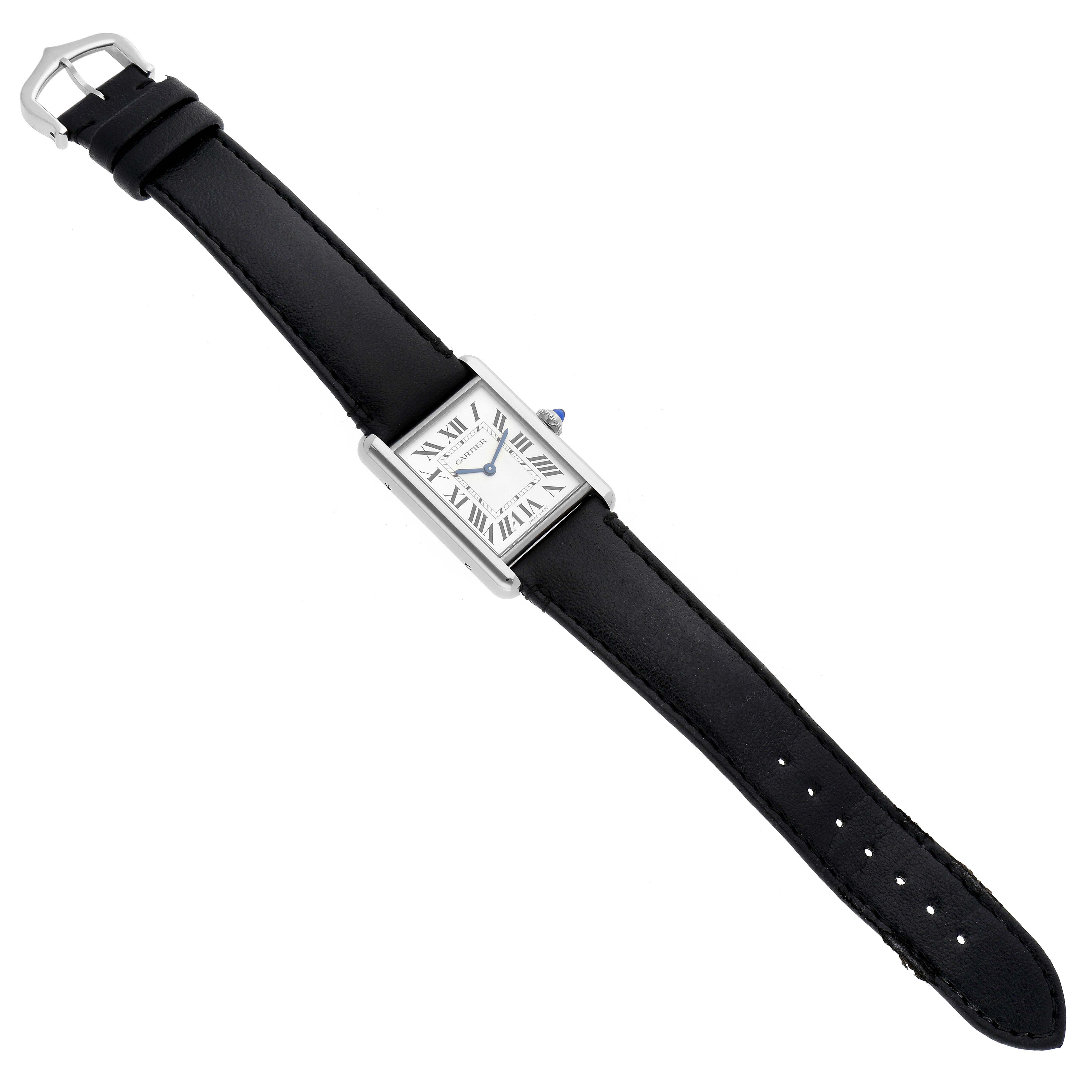 The image displays a top-down view of the Cartier Tank Must WSTA0059 Women
s Stainless Steel Silver Dial WSTA0059 Women
s Stainless Steel Silver Dial watch, highlighting its rectangular face, black strap, and buckle.