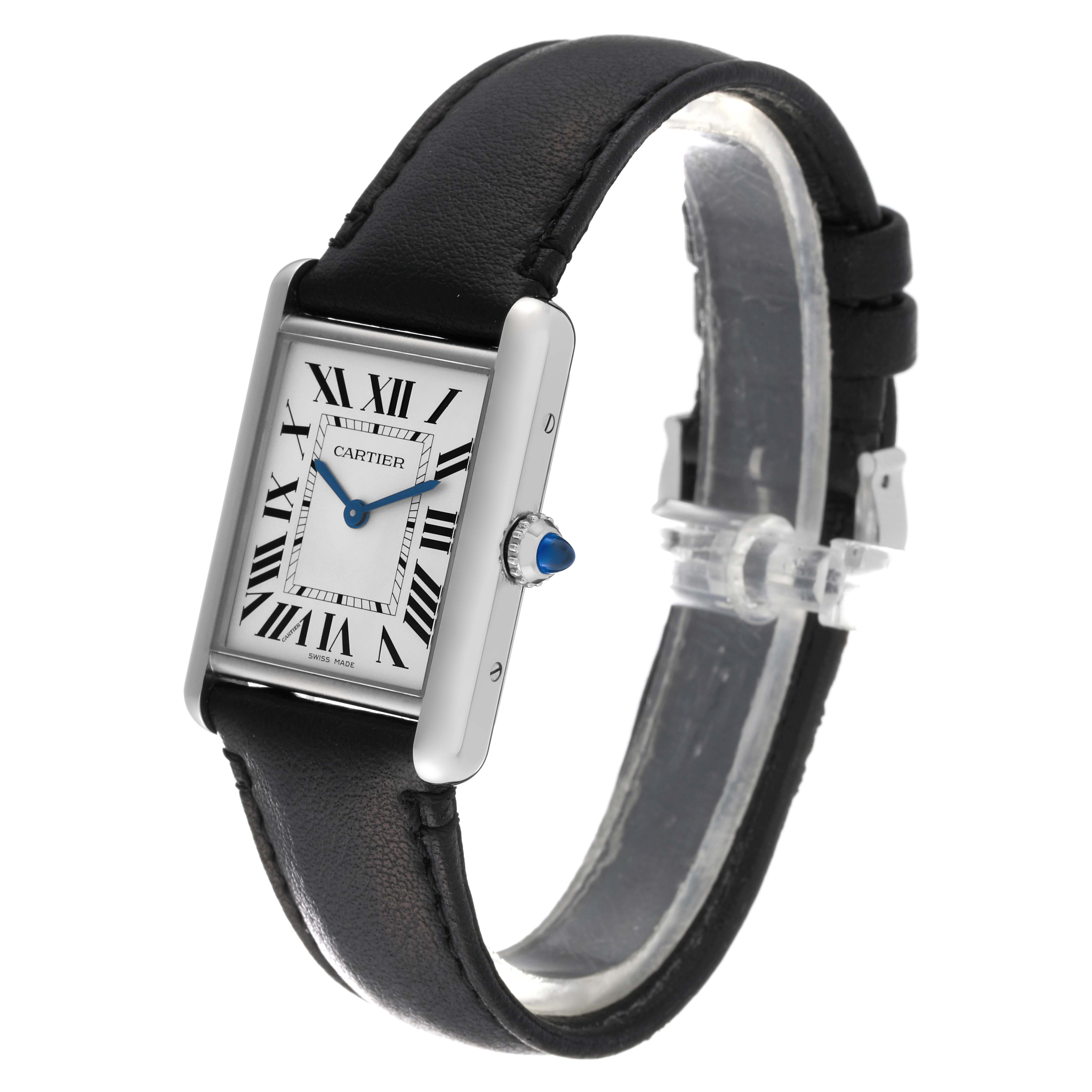 The Tank Must model by Cartier is shown at a slight diagonal angle, displaying the face, crown, and leather strap.
