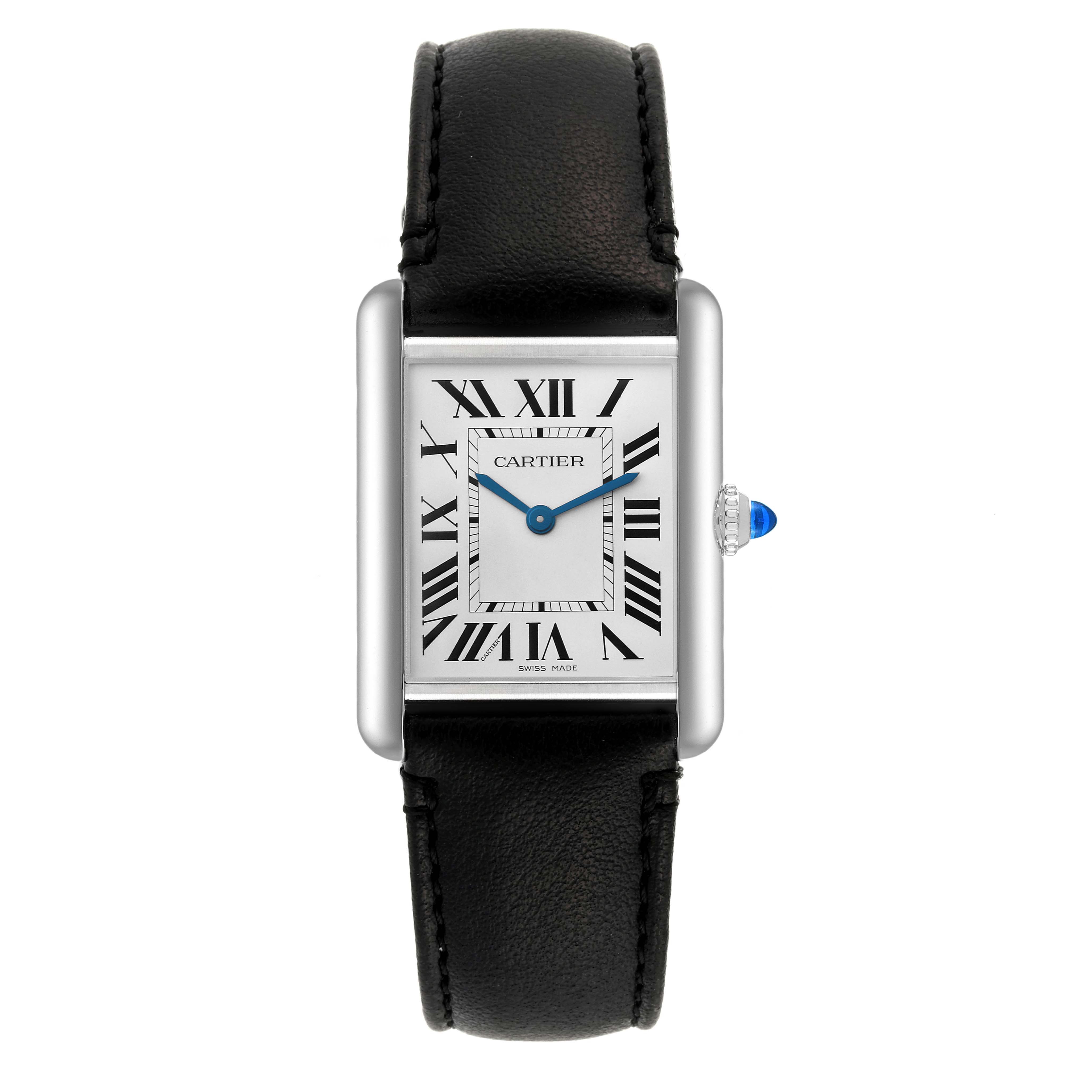 This image shows a front view of the Cartier Tank Must WSTA0059 Women
s Stainless Steel Silver Dial WSTA0059 Women
s Stainless Steel Silver Dial watch, displaying its face, case, and black leather strap.