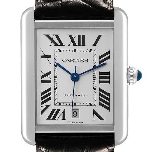 The Cartier Tank Solo W5200027 Men's Stainless Steel Silver Dial watch is shown from the front, highlighting the face, Roman numerals, blued hands, and date window.