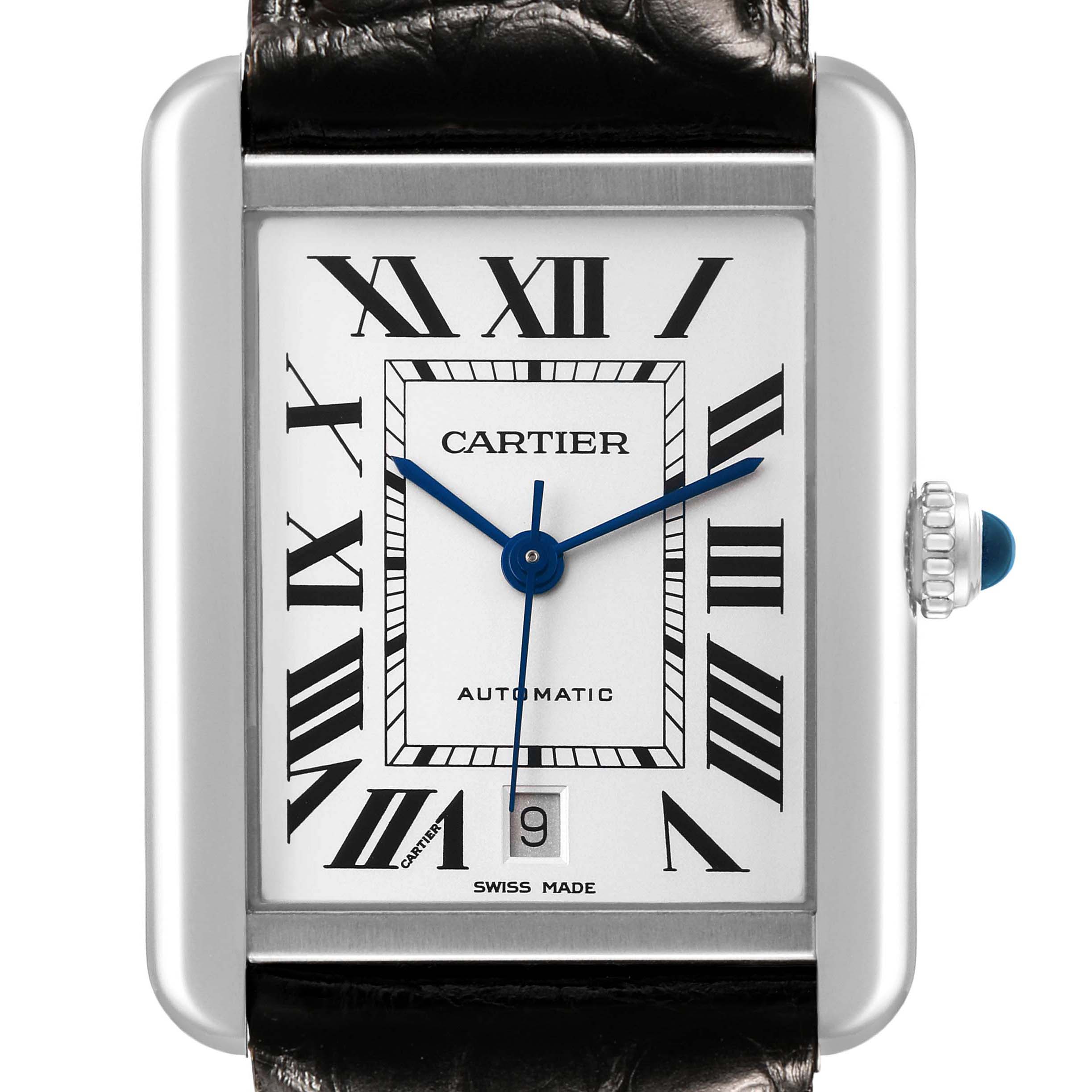 The image shows a front view of the Cartier Tank Solo W5200027 Men's Stainless Steel Silver Dial watch, highlighting its dial, hands, and date display.