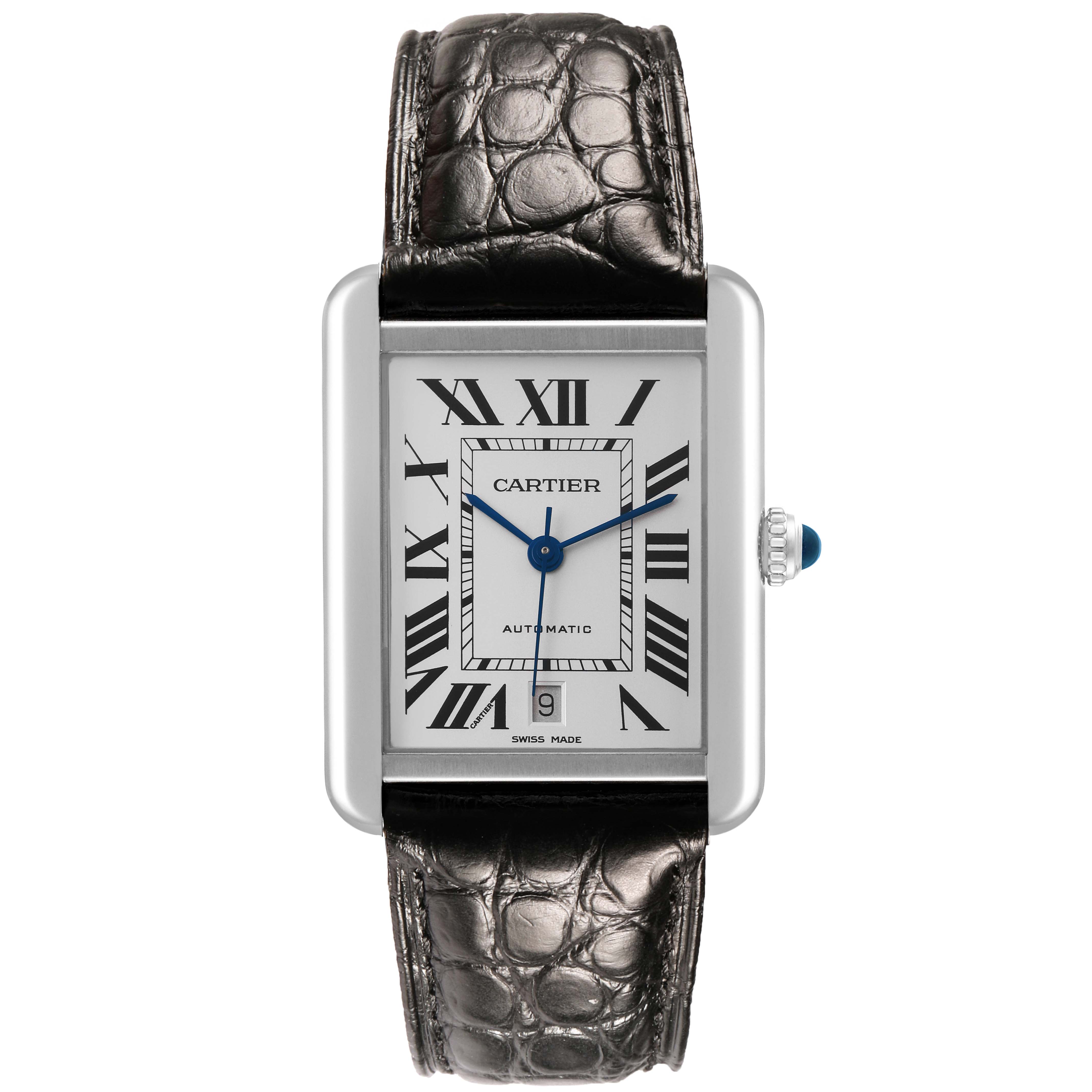 The Cartier Tank Solo W5200027 Men's Stainless Steel Silver Dial watch is shown from the front, highlighting its rectangular dial, Roman numerals, and leather strap.