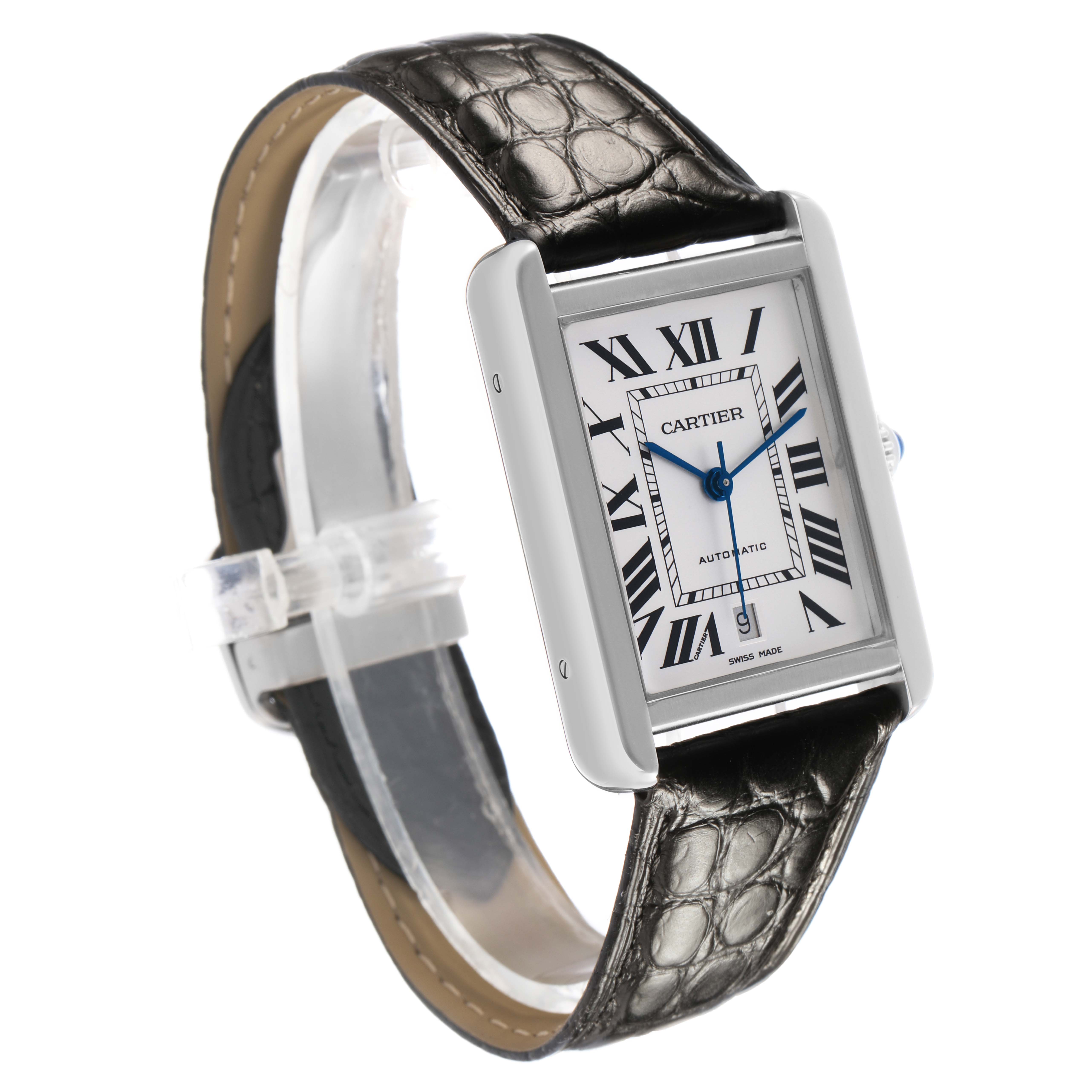 The Cartier Tank Solo W5200027 Men's Stainless Steel Silver Dial watch is shown at an angled view highlighting its rectangular face, Roman numerals, and leather strap.