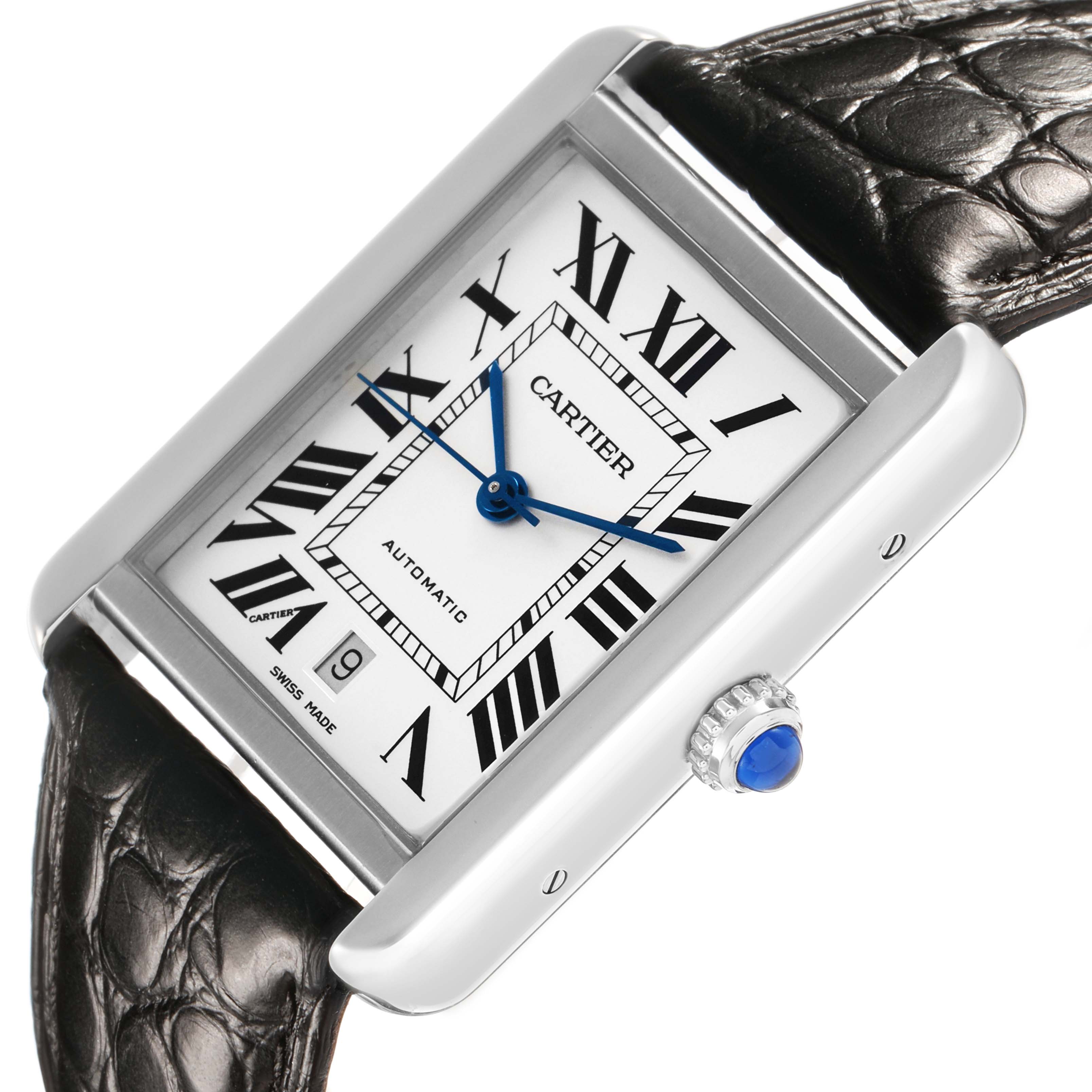 The Cartier Tank Solo W5200027 Men's Stainless Steel Silver Dial watch is shown at a slight angle, highlighting the face, crown, and leather strap.