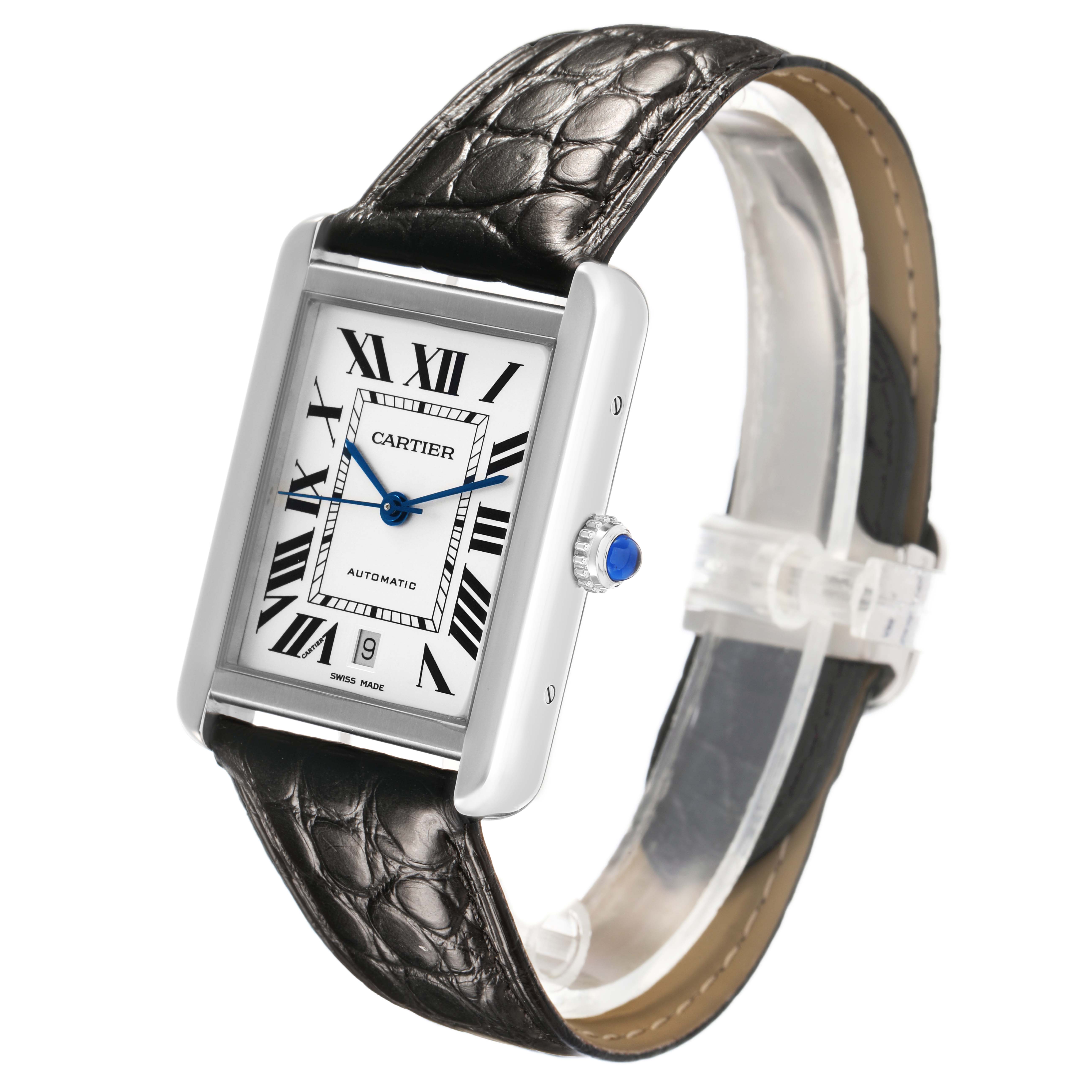 The Cartier Tank Solo W5200027 Men's Stainless Steel Silver Dial watch is shown at a three-quarter angle, highlighting its face, crown, and leather strap.