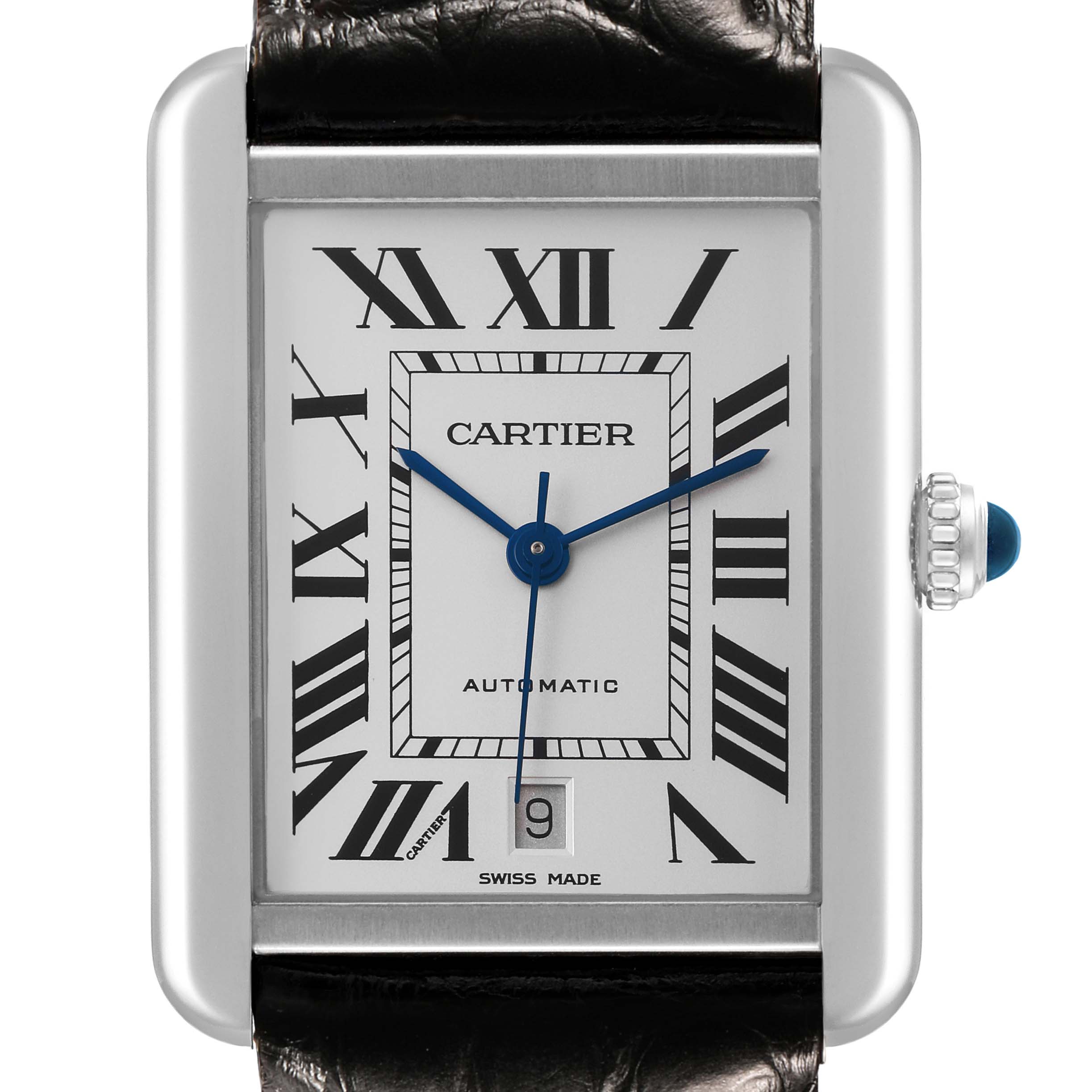 The Cartier Tank Solo W5200027 Men's Stainless Steel Silver Dial watch is shown from the front, displaying its dial, Roman numerals, and crown with a blue cabochon.