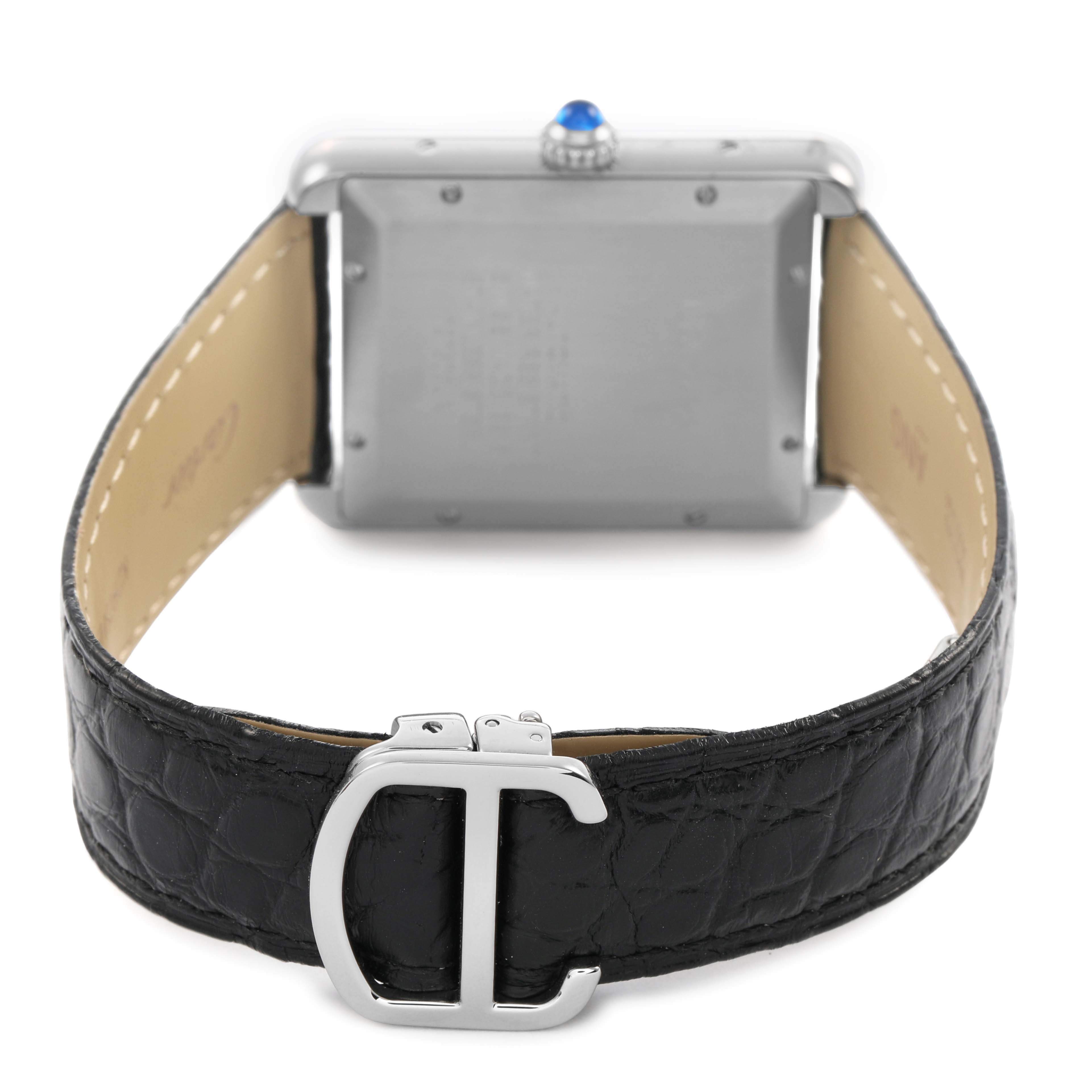 The image shows the back view of a Cartier Tank Solo W5200027 Men's Stainless Steel Silver Dial watch, highlighting its case, strap, and buckle.