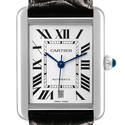 The image shows a frontal close-up of the Cartier Tank Solo W5200027 Men's Stainless Steel Silver Dial watch, highlighting the dial, hands, and crown detail.