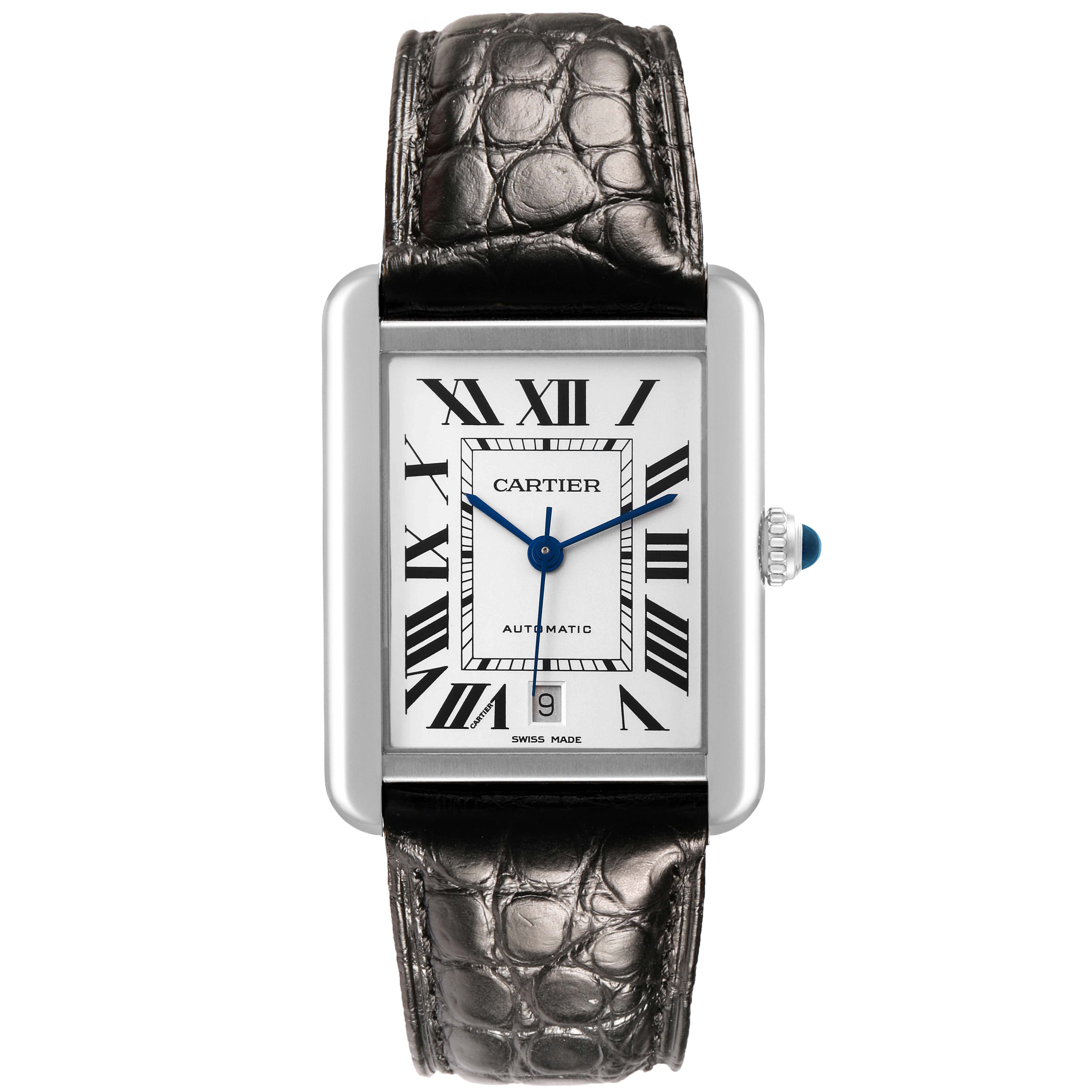 The Cartier Tank Solo W5200027 Men's Stainless Steel Silver Dial watch is shown from the front, highlighting its face, Roman numerals, and leather strap.