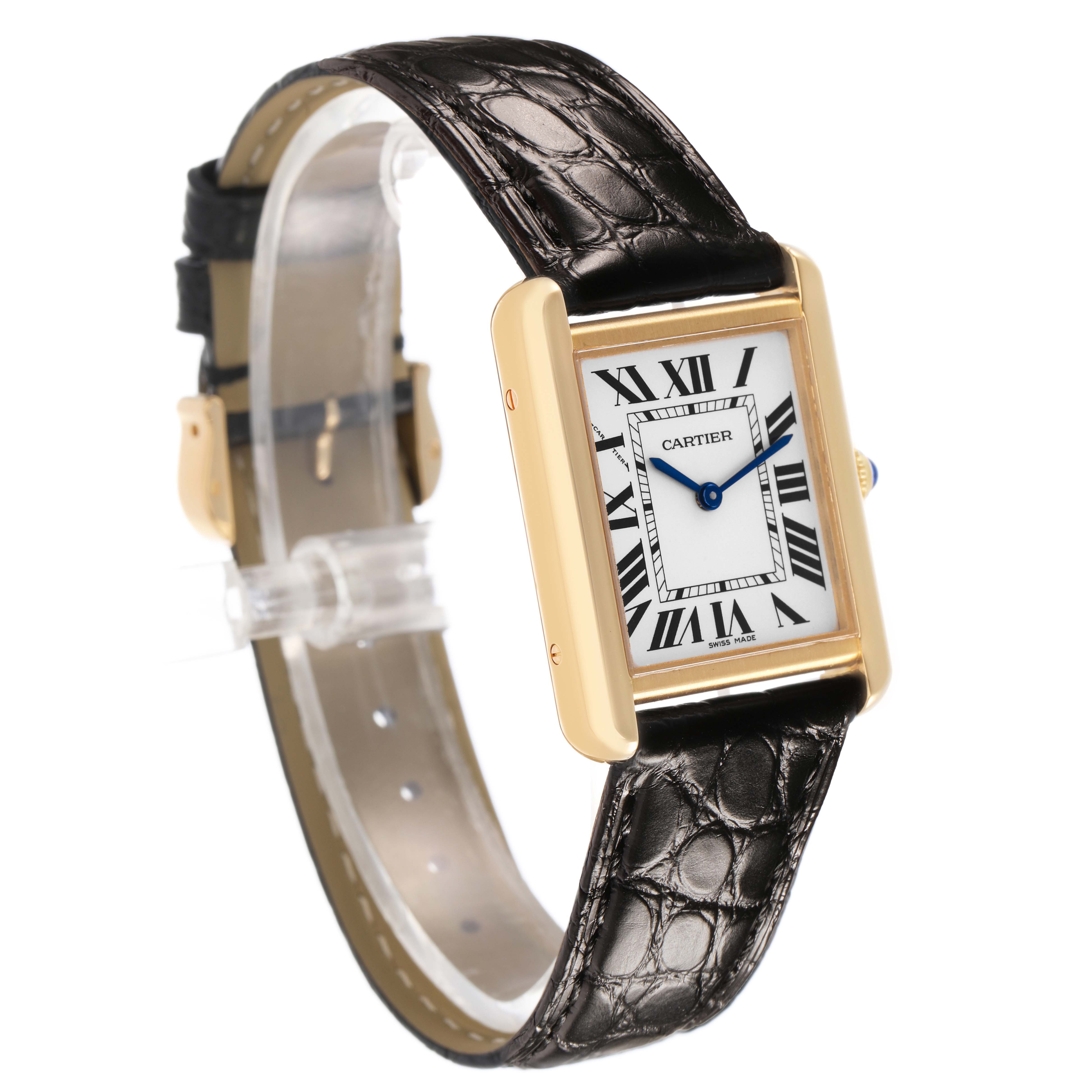 The Cartier Tank Solo W5200002 Women's Yellow Gold Silver Dial watch is shown at a three-quarter angle, highlighting the face, bezel, and alligator strap.