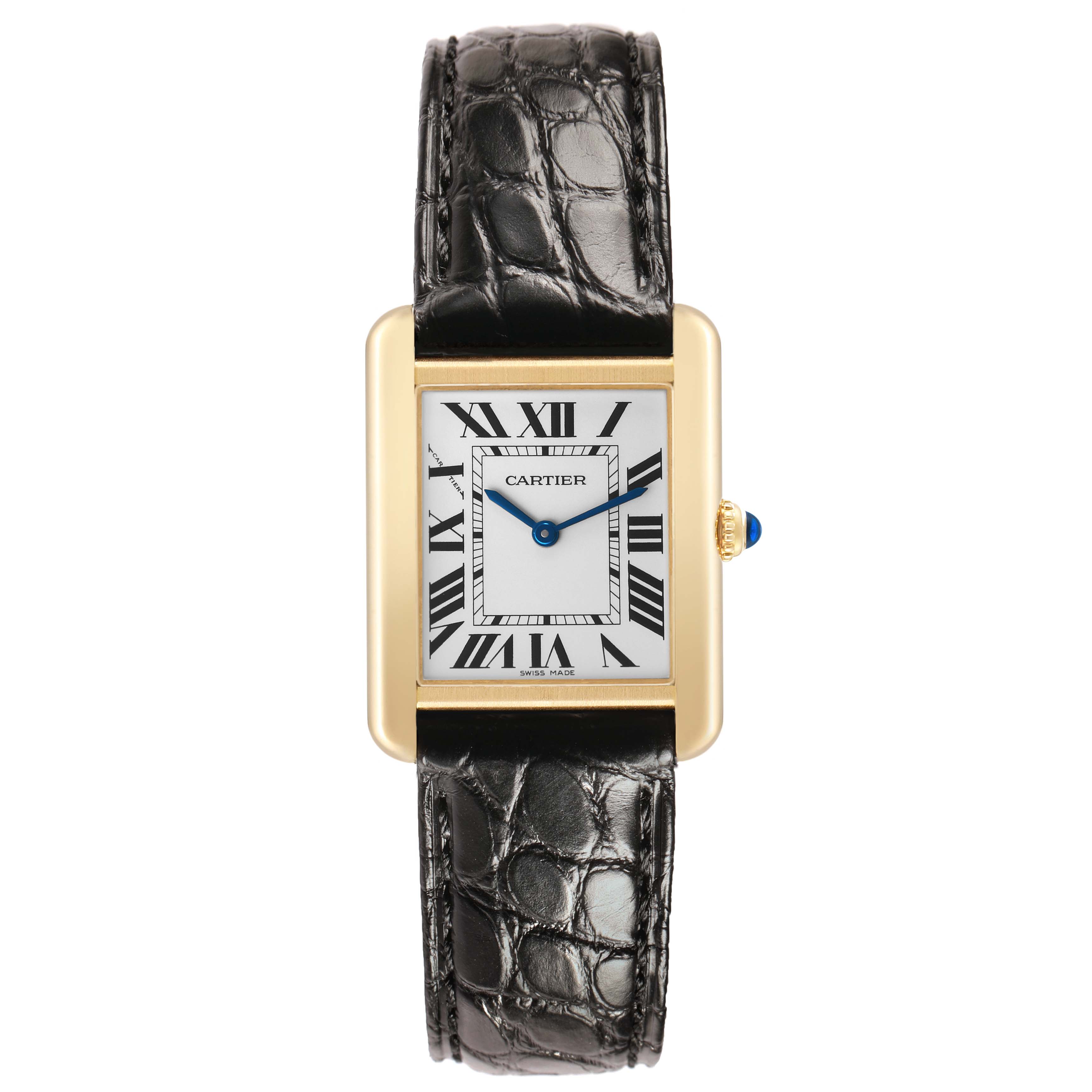 The Cartier Tank Solo W5200002 Women's Yellow Gold Silver Dial watch is shown from a top-down angle, highlighting its rectangular face, Roman numerals, and leather strap.