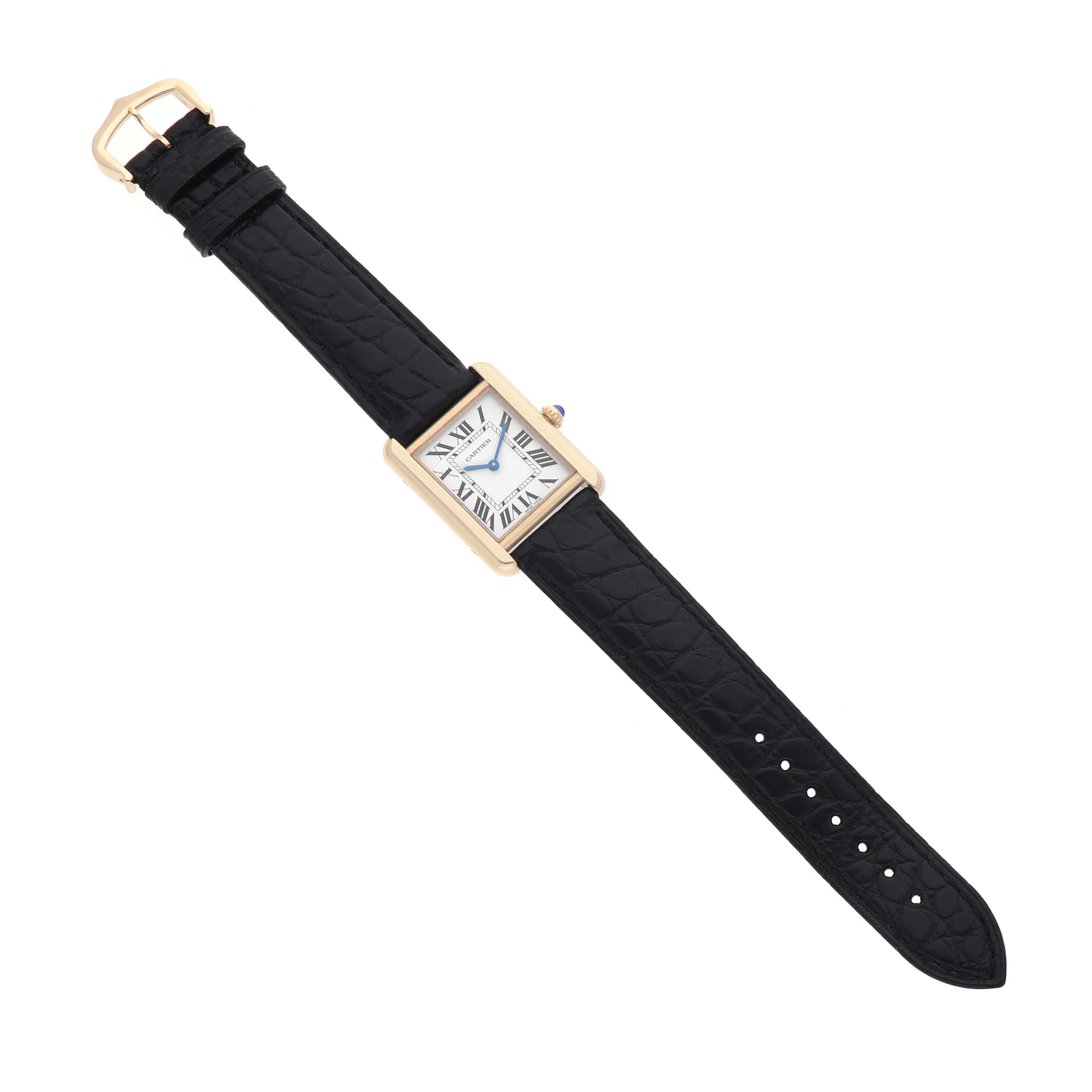 The Cartier Tank Solo W5200002 Women's Yellow Gold Silver Dial watch is shown from above, displaying the full strap, rectangular case, and Roman numeral dial.