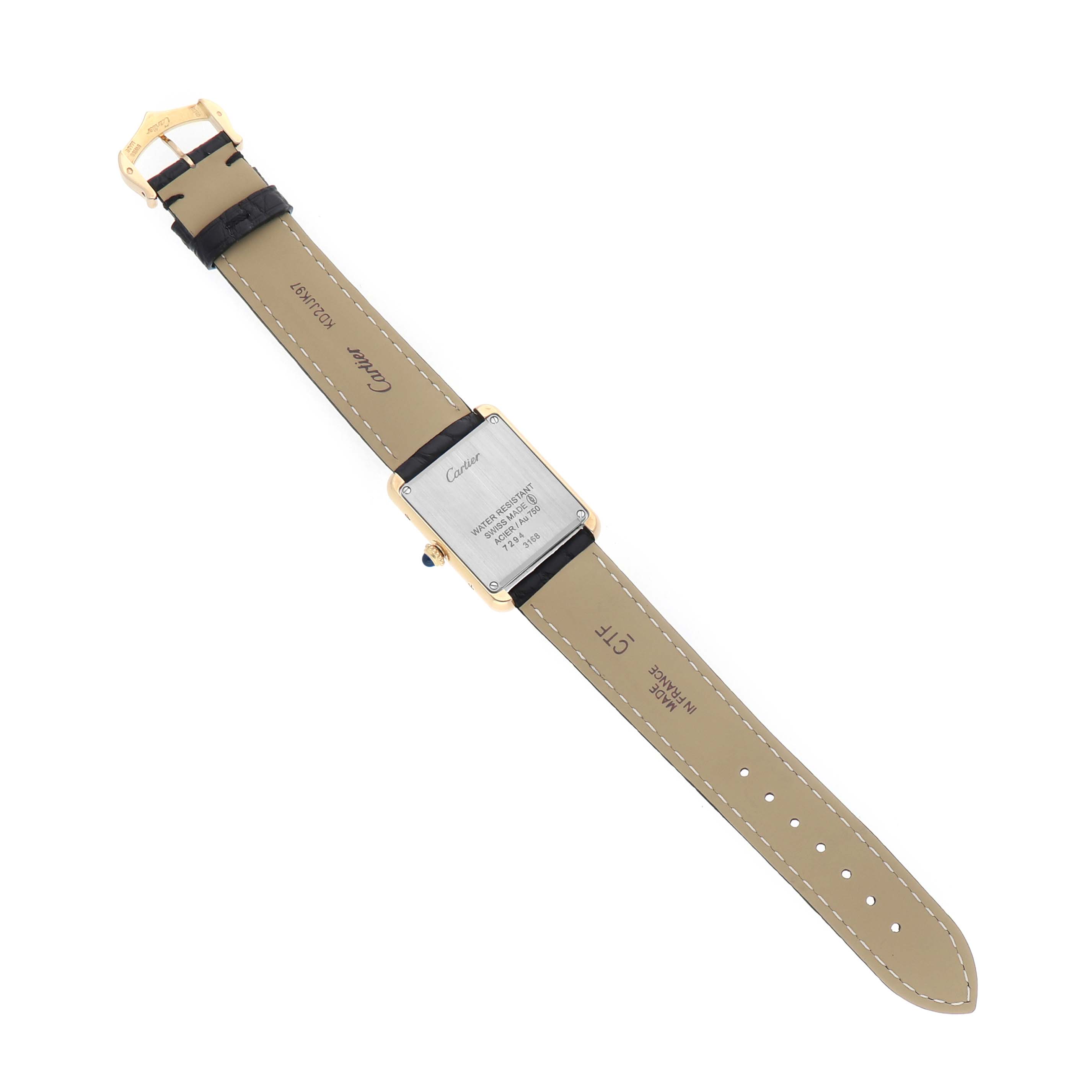 The Cartier Tank Solo W5200002 Women's Yellow Gold Silver Dial watch is shown from the back, displaying the strap, buckle, and caseback details.