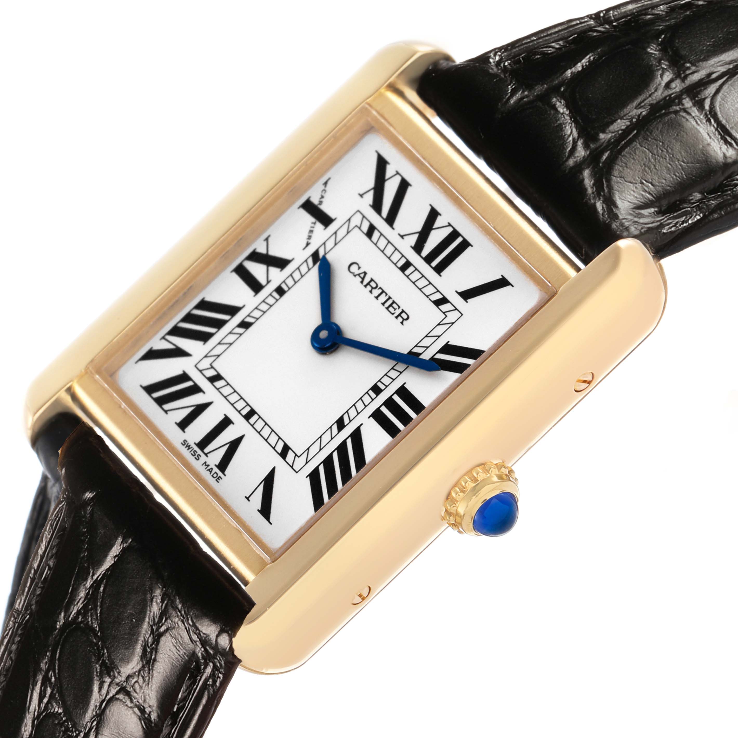 The Cartier Tank Solo W5200002 Women's Yellow Gold Silver Dial watch is shown at a slight angle, highlighting the dial, crown, and part of the strap.