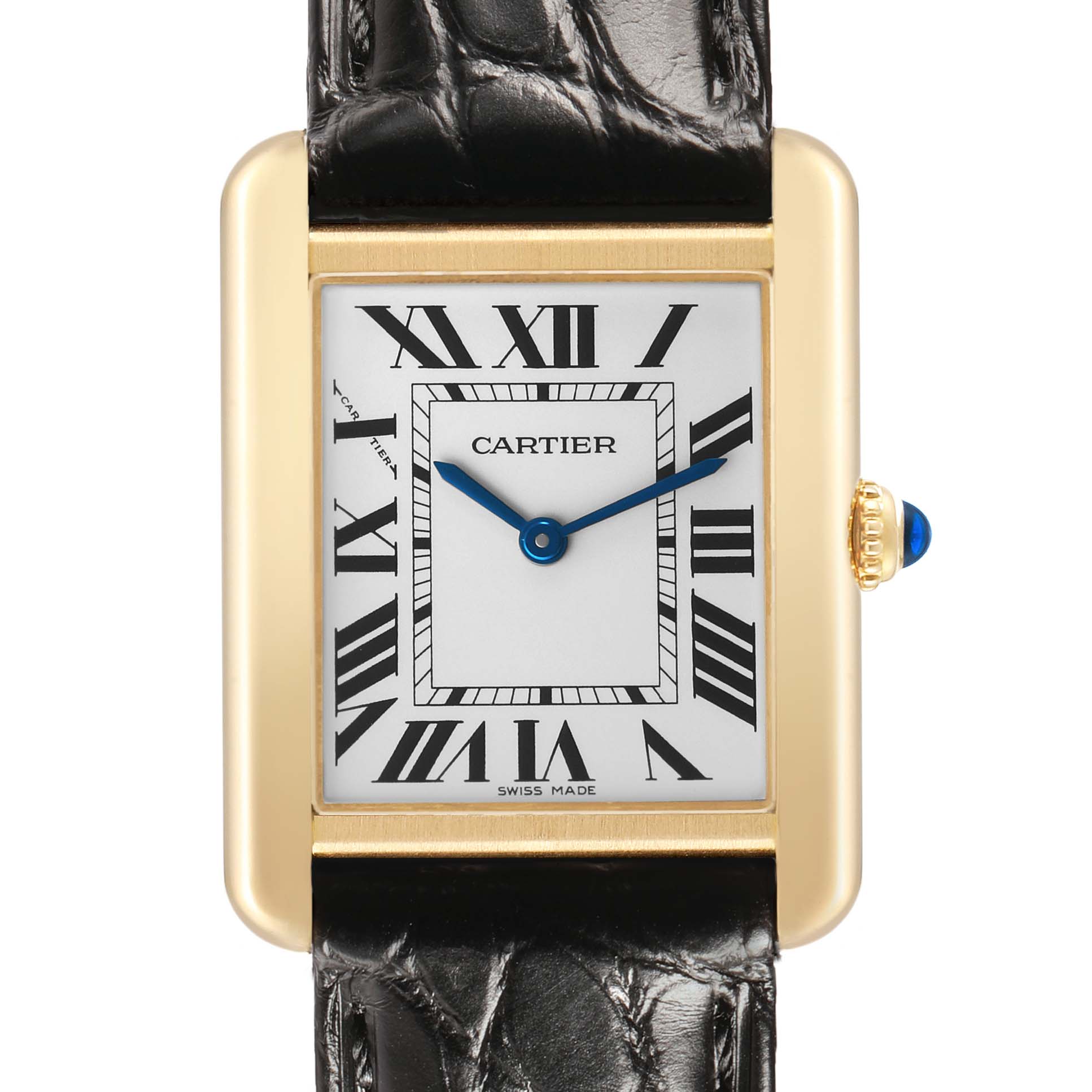 The Cartier Tank Solo W5200002 Women's Yellow Gold Silver Dial watch is shown from the front, displaying its rectangular face, Roman numerals, and leather strap.