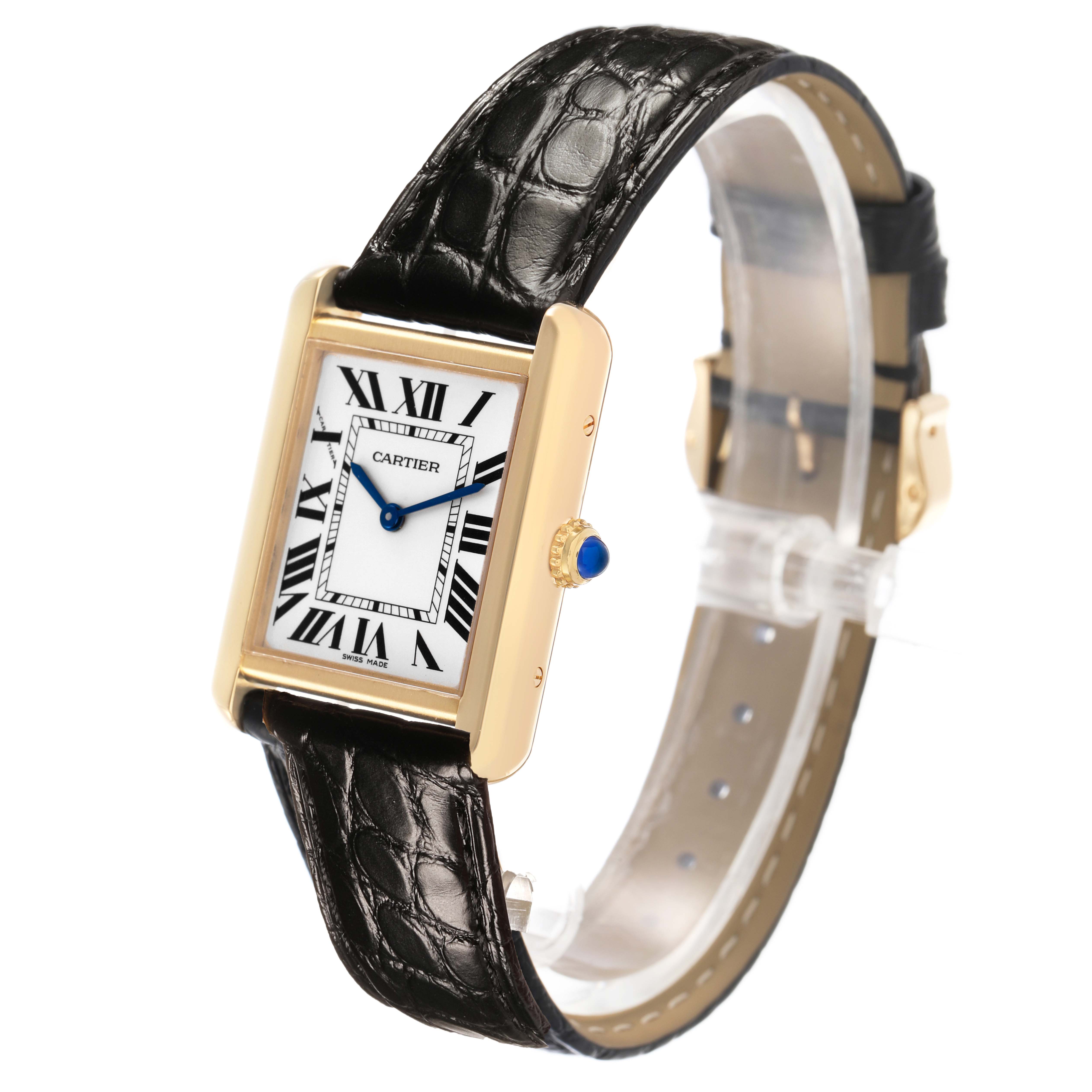 The Cartier Tank Solo W5200002 Women's Yellow Gold Silver Dial watch is shown from a front-side angle, highlighting its rectangular face, leather strap, and gold-toned case.