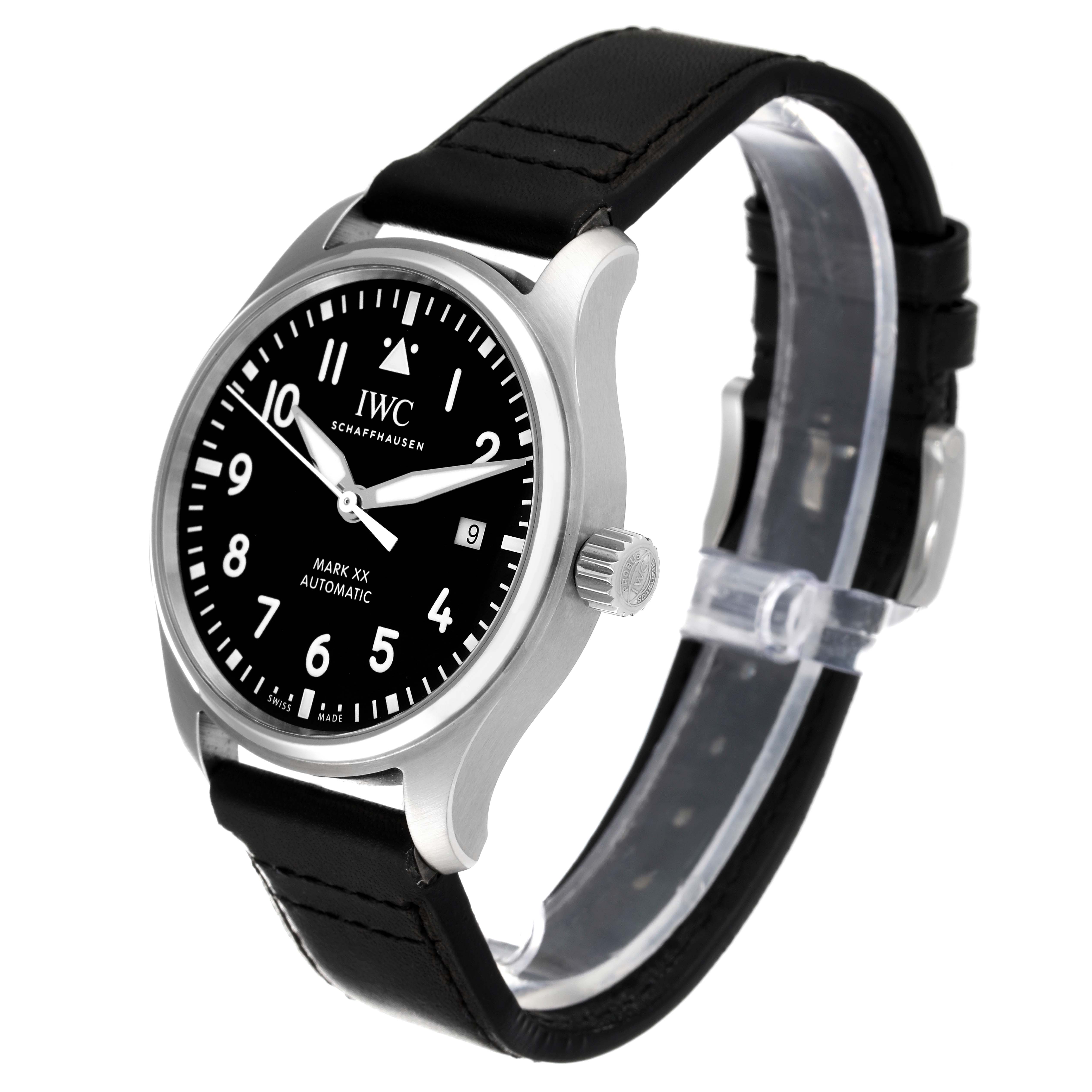 This image shows a side angle of the IWC Pilot IW328201 Men
s Stainless Steel Black Dial IW328201 Men
s Stainless Steel Black Dial Mark XX Automatic watch, featuring its dial, crown, and leather strap.