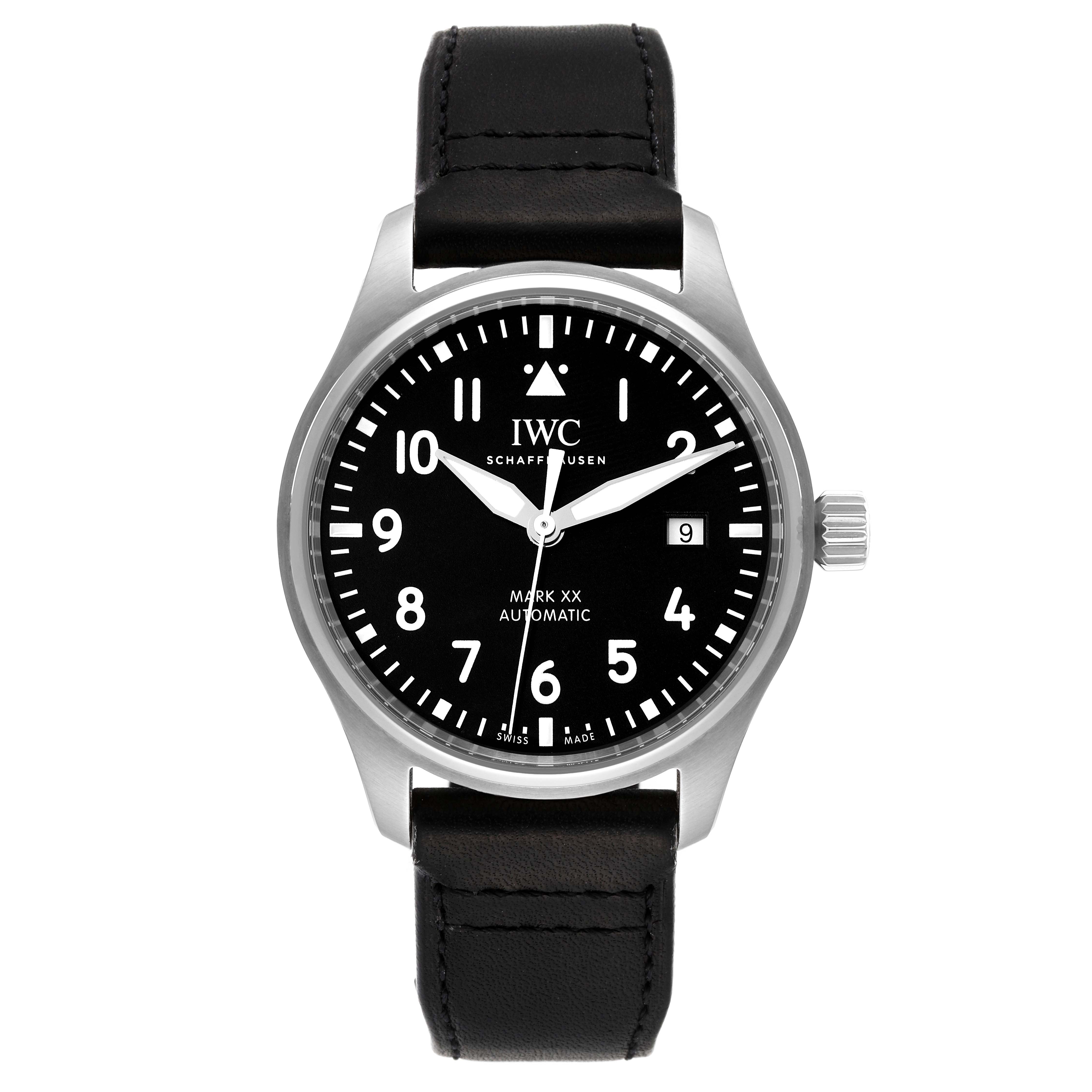 This image shows the front view of the IWC Pilot IW328201 Men
s Stainless Steel Black Dial IW328201 Men
s Stainless Steel Black Dial Mark XX Automatic watch, displaying its black dial, hands, and date window.