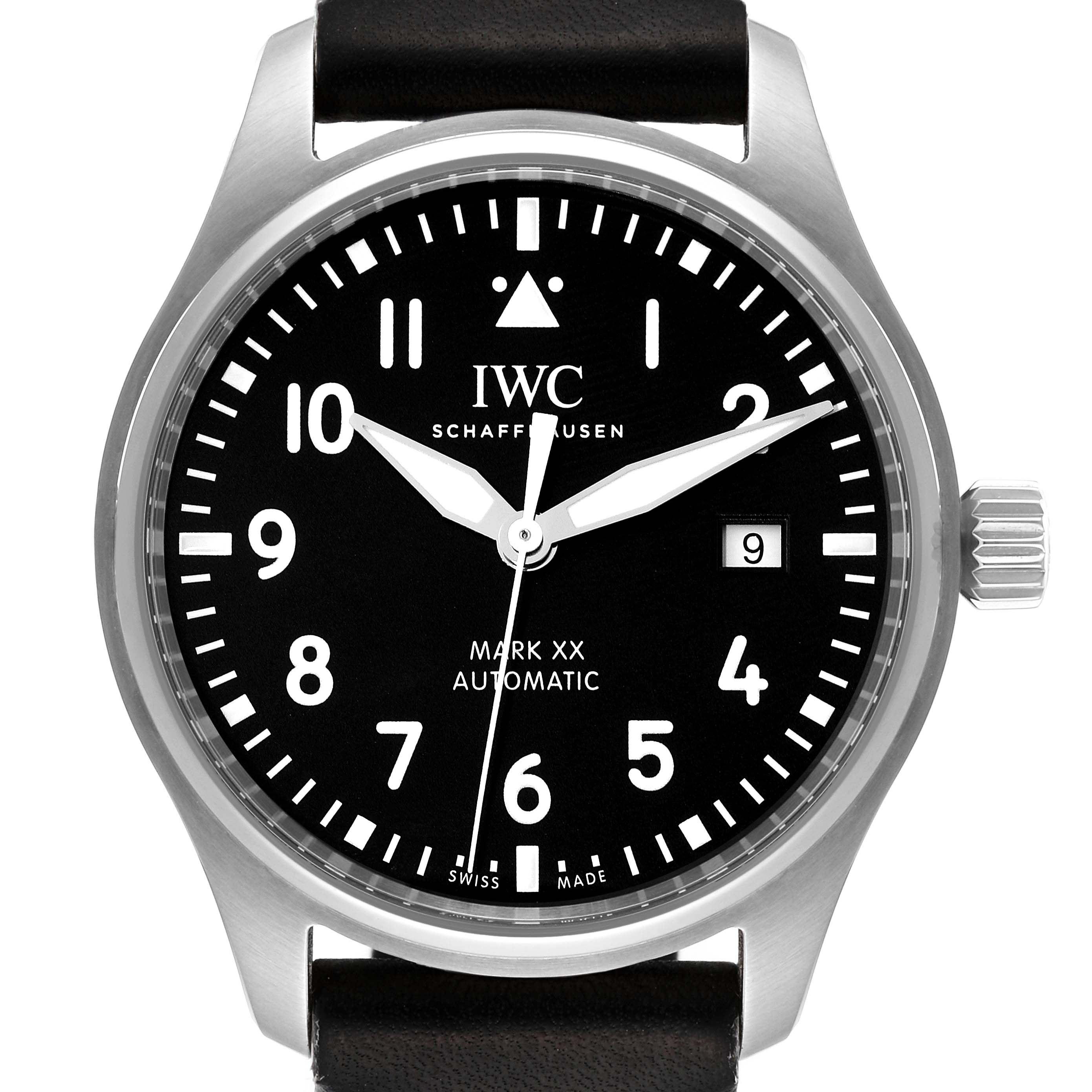 The image shows a front view of the IWC Pilot IW328201 Men
s Stainless Steel Black Dial IW328201 Men
s Stainless Steel Black Dial Mark XX Automatic watch, displaying its dial, bezel, crown, and strap.
