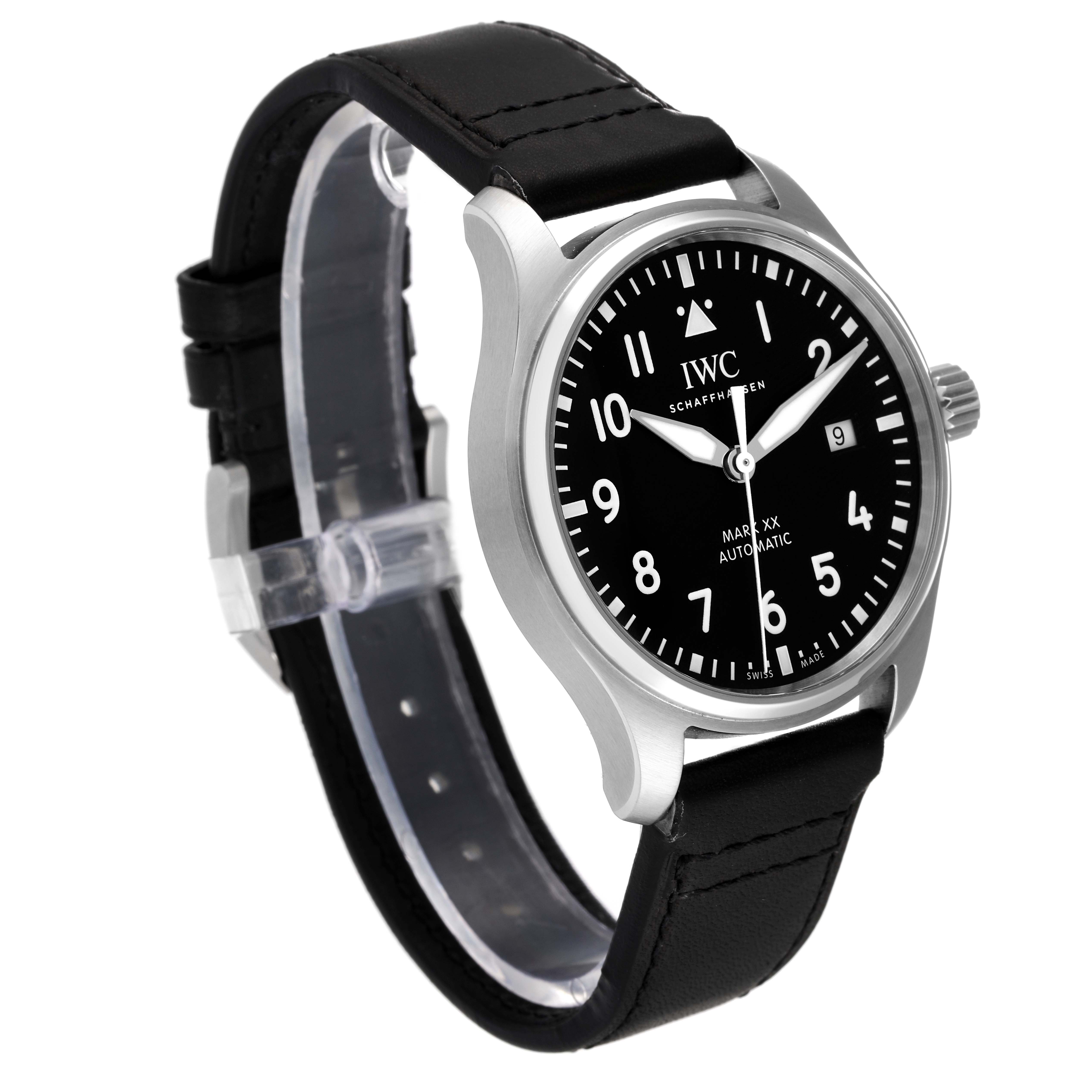 The image shows a side angle of an IWC Pilot IW328201 Men
s Stainless Steel Black Dial IW328201 Men
s Stainless Steel Black Dial Mark XV Automatic watch, highlighting its black dial, black strap, and stainless steel case.