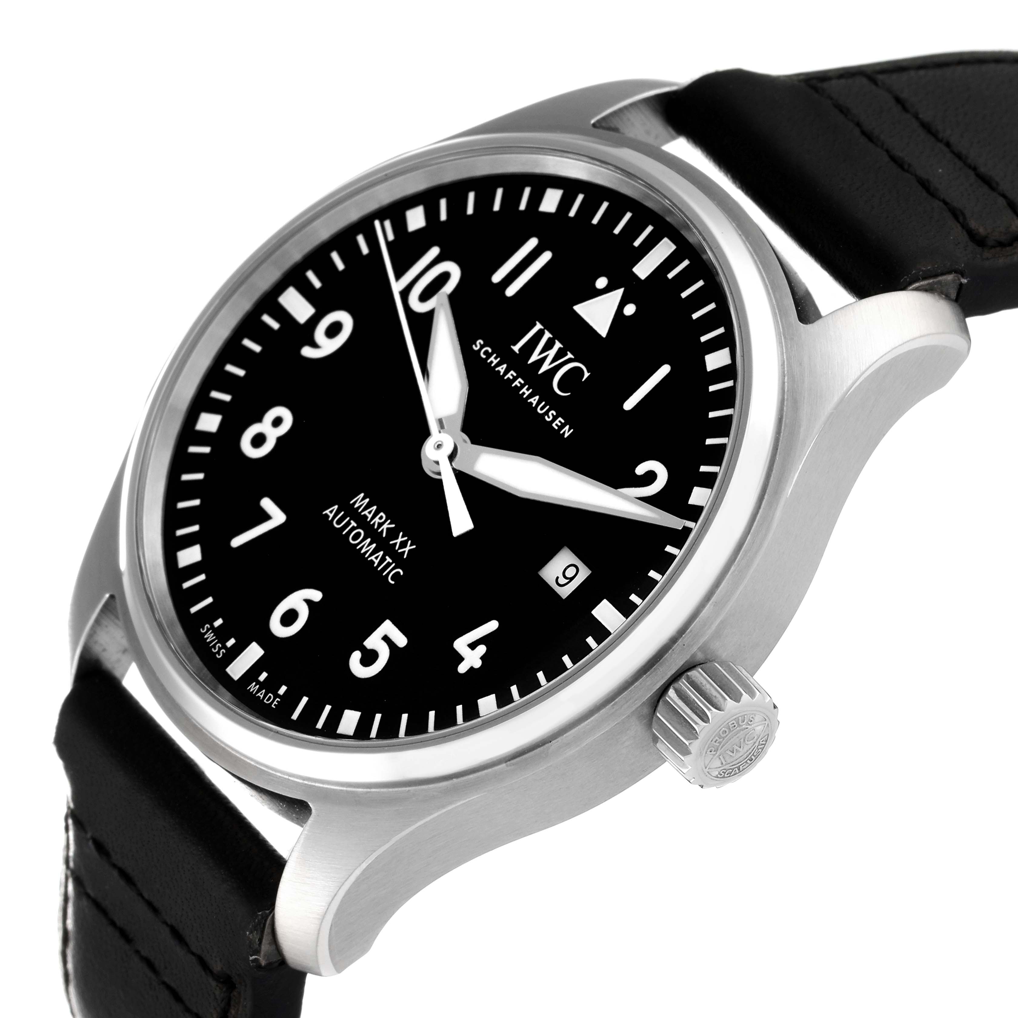 The IWC Pilot IW328201 Men
s Stainless Steel Black Dial IW328201 Men
s Stainless Steel Black Dial model watch is shown at an angled view, featuring its black dial, crown, and partial leather strap.