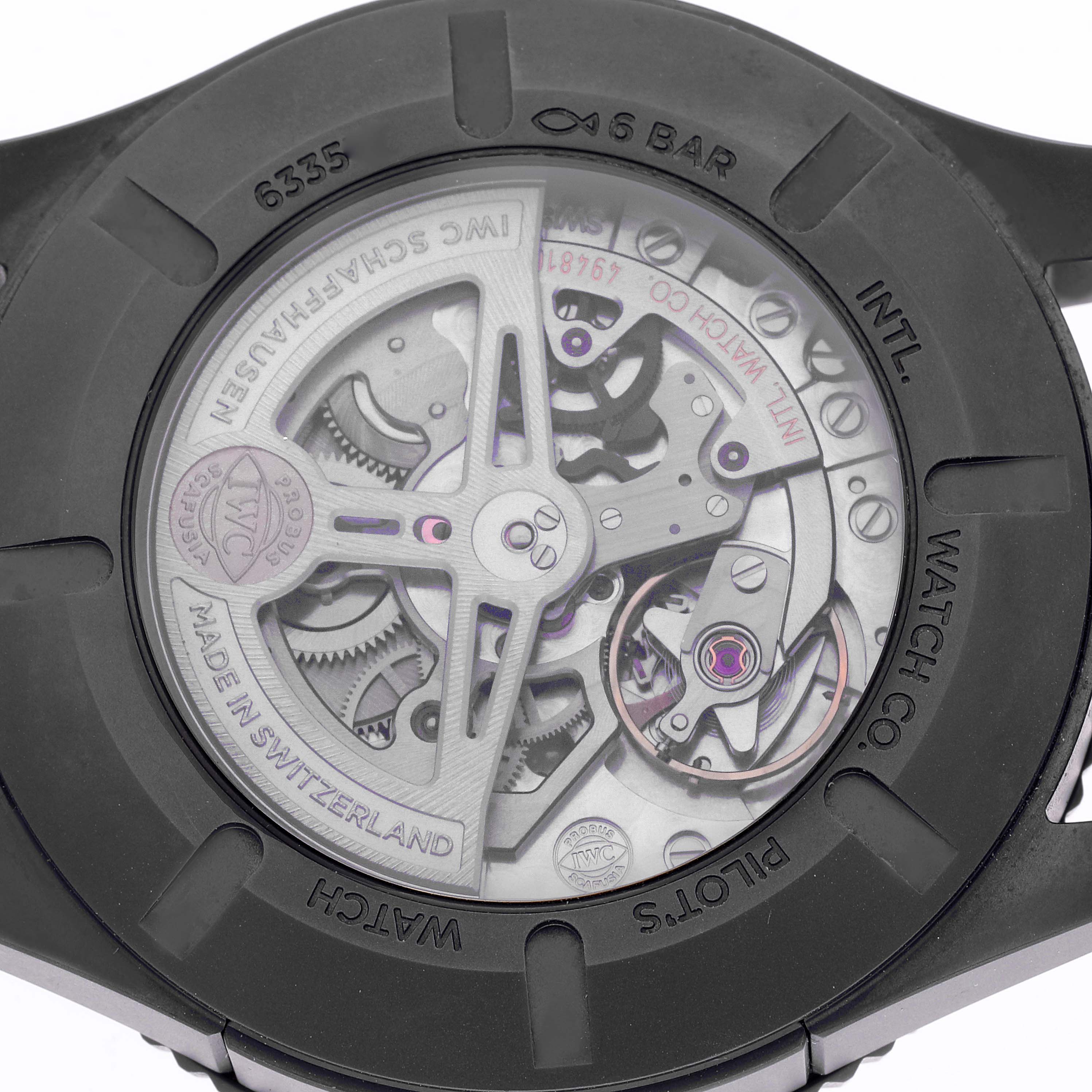 The image shows the back view of the IWC Pilot IW395505 Men's Ceramic Black Dial IW395505 Men's Ceramic Black Dial model watch, focusing on the exposed mechanical movement.