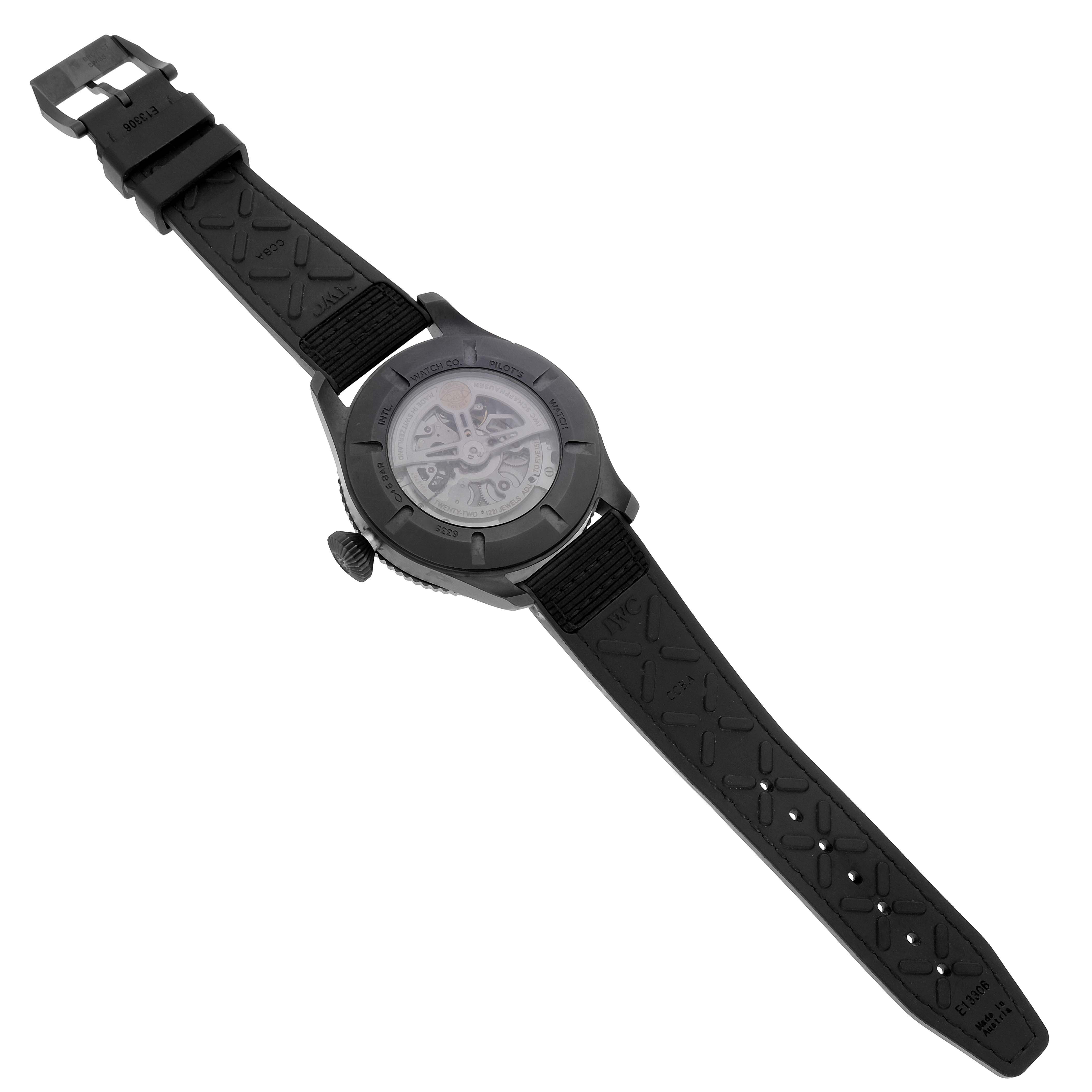 The image shows the backside and strap of the IWC Pilot IW395505 Men's Ceramic Black Dial IW395505 Men's Ceramic Black Dial model watch.