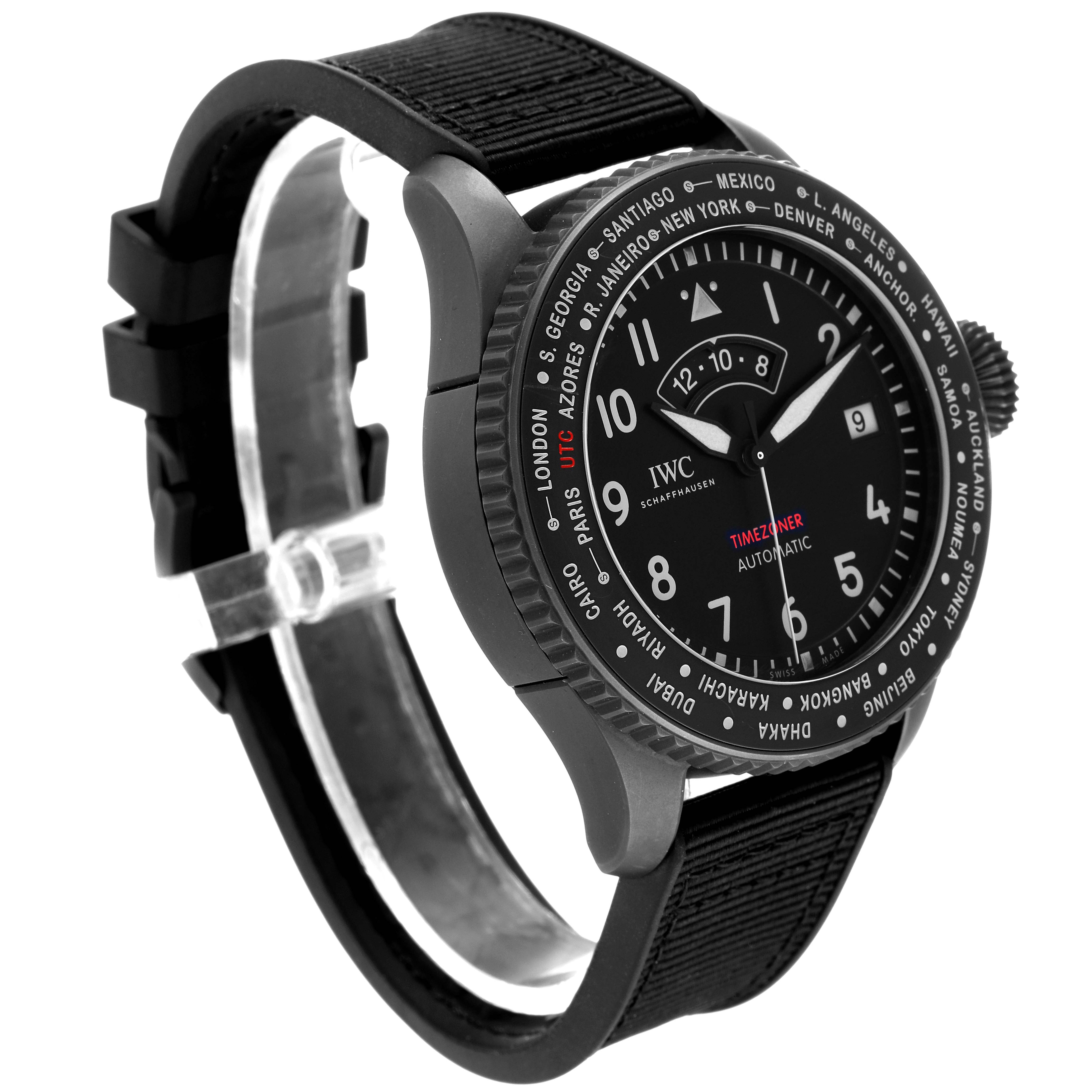 The image shows an IWC Pilot IW395505 Men's Ceramic Black Dial IW395505 Men's Ceramic Black Dial watch from a front angle, highlighting the bezel, dial, and strap.