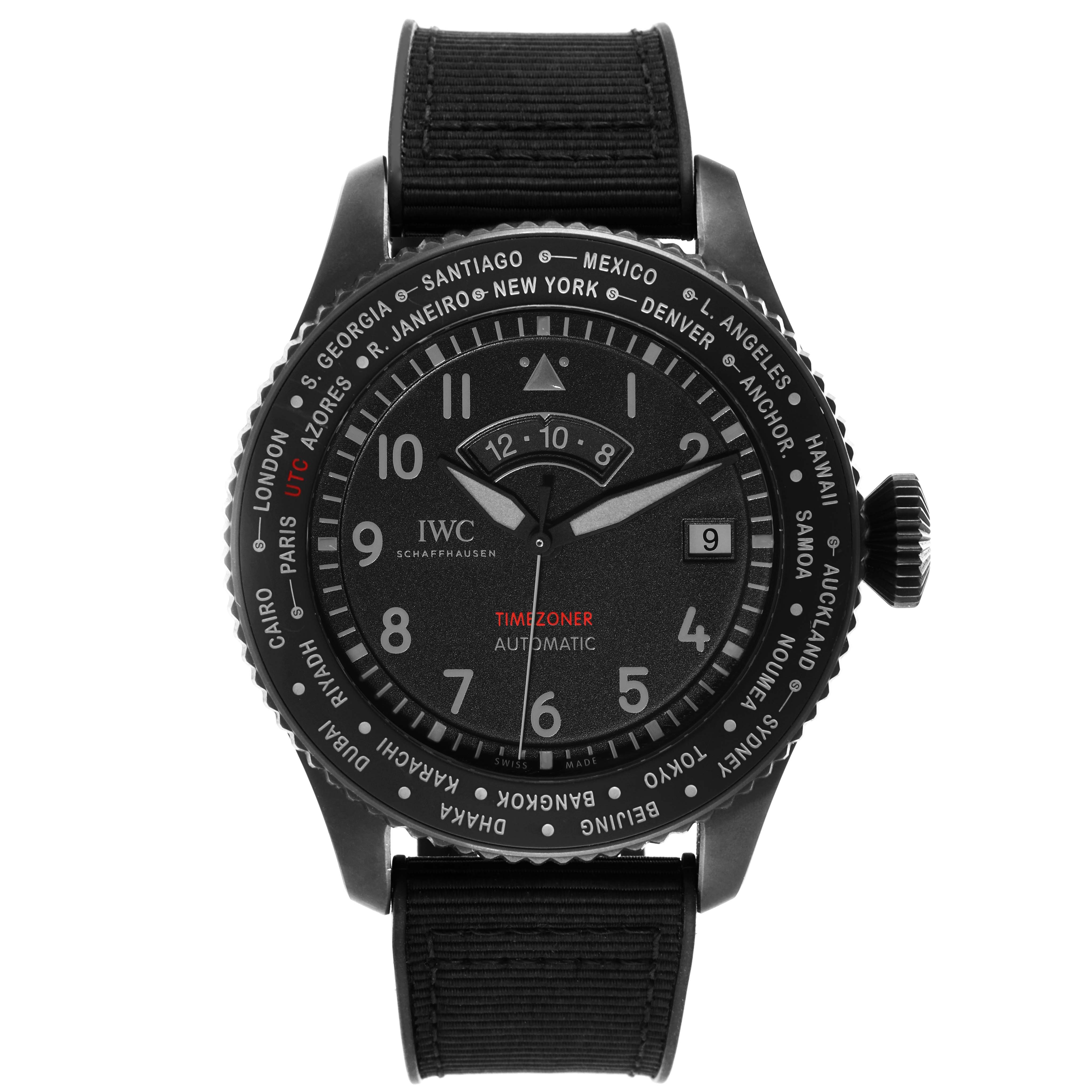 The image shows a front view of the IWC Pilot IW395505 Men's Ceramic Black Dial IW395505 Men's Ceramic Black Dial model watch, featuring the watch face, timezone ring, and strap.