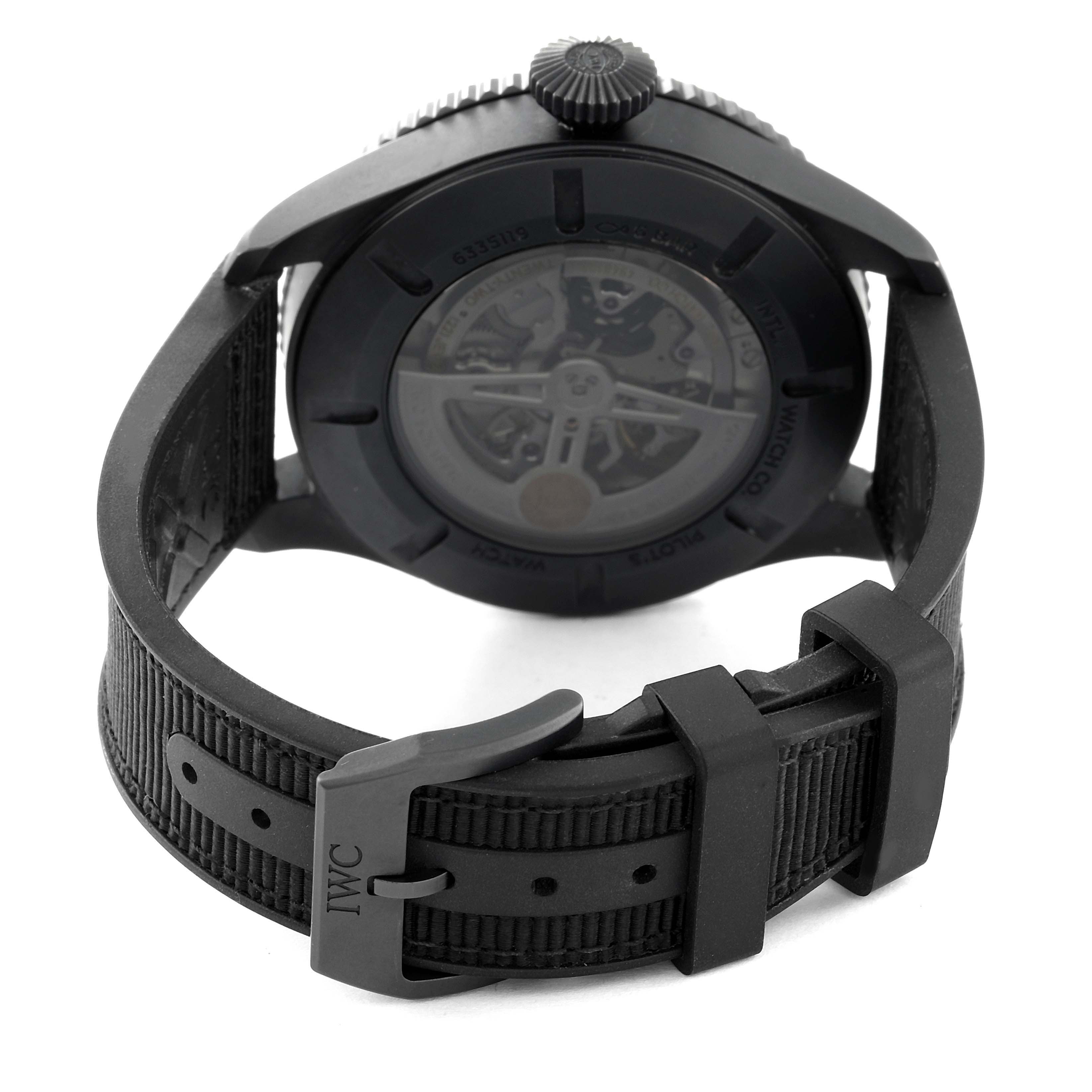 The image shows the rear view of the IWC Pilot IW395505 Men's Ceramic Black Dial IW395505 Men's Ceramic Black Dial model watch, displaying the back case and strap with the buckle in focus.
