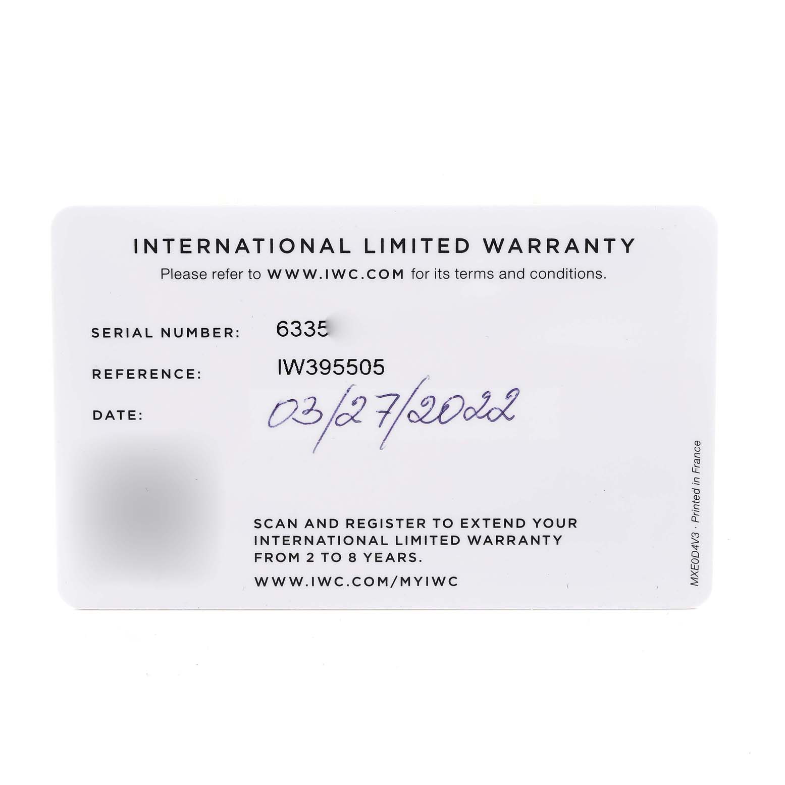 The image shows an International Limited Warranty card for an IWC Pilot IW395505 Men's Ceramic Black Dial IW395505 Men's Ceramic Black Dial model, with serial number, reference, and date information visible.
