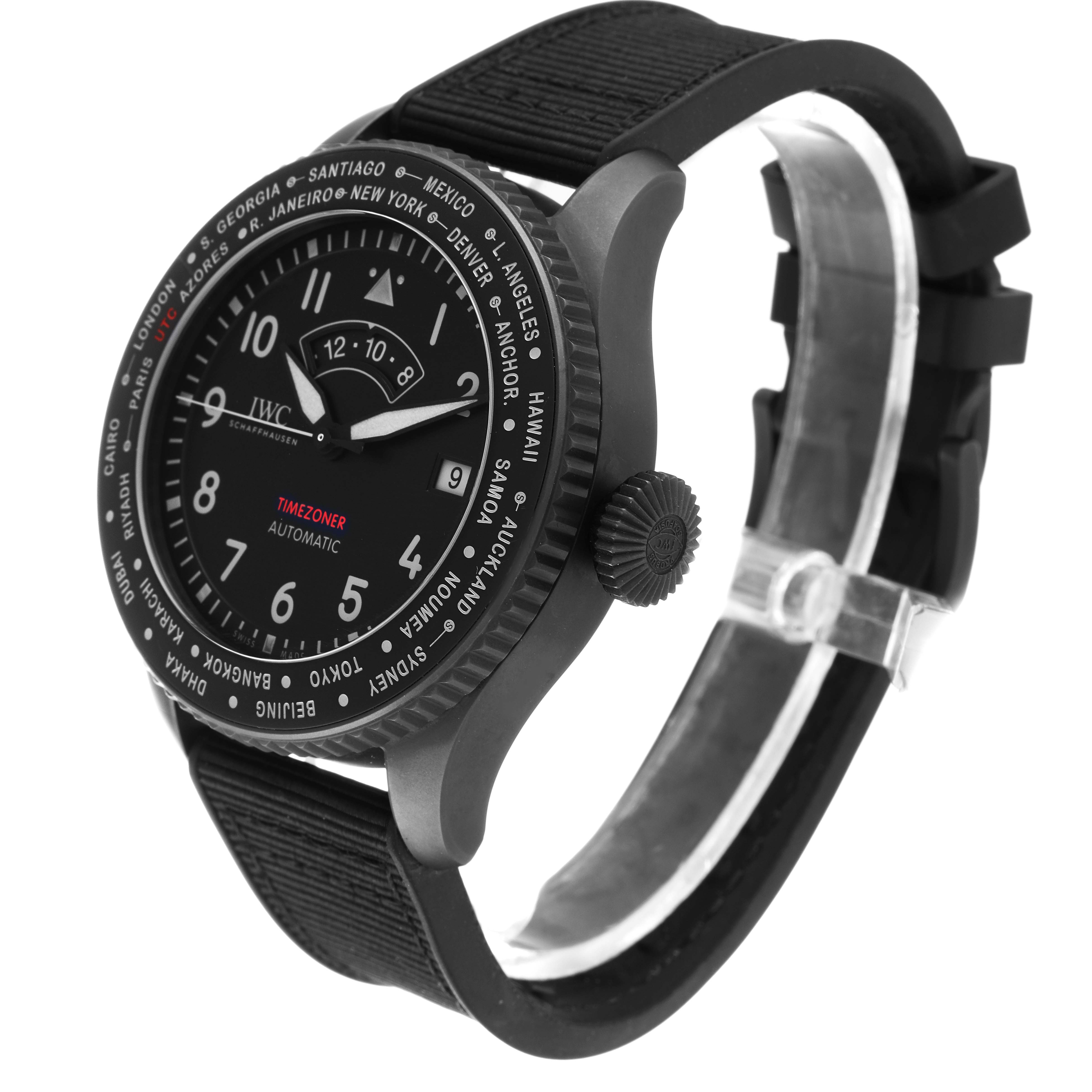 The image shows a side view of the IWC Pilot IW395505 Men's Ceramic Black Dial IW395505 Men's Ceramic Black Dial watch model, highlighting the black dial, bezel, crown, and strap.