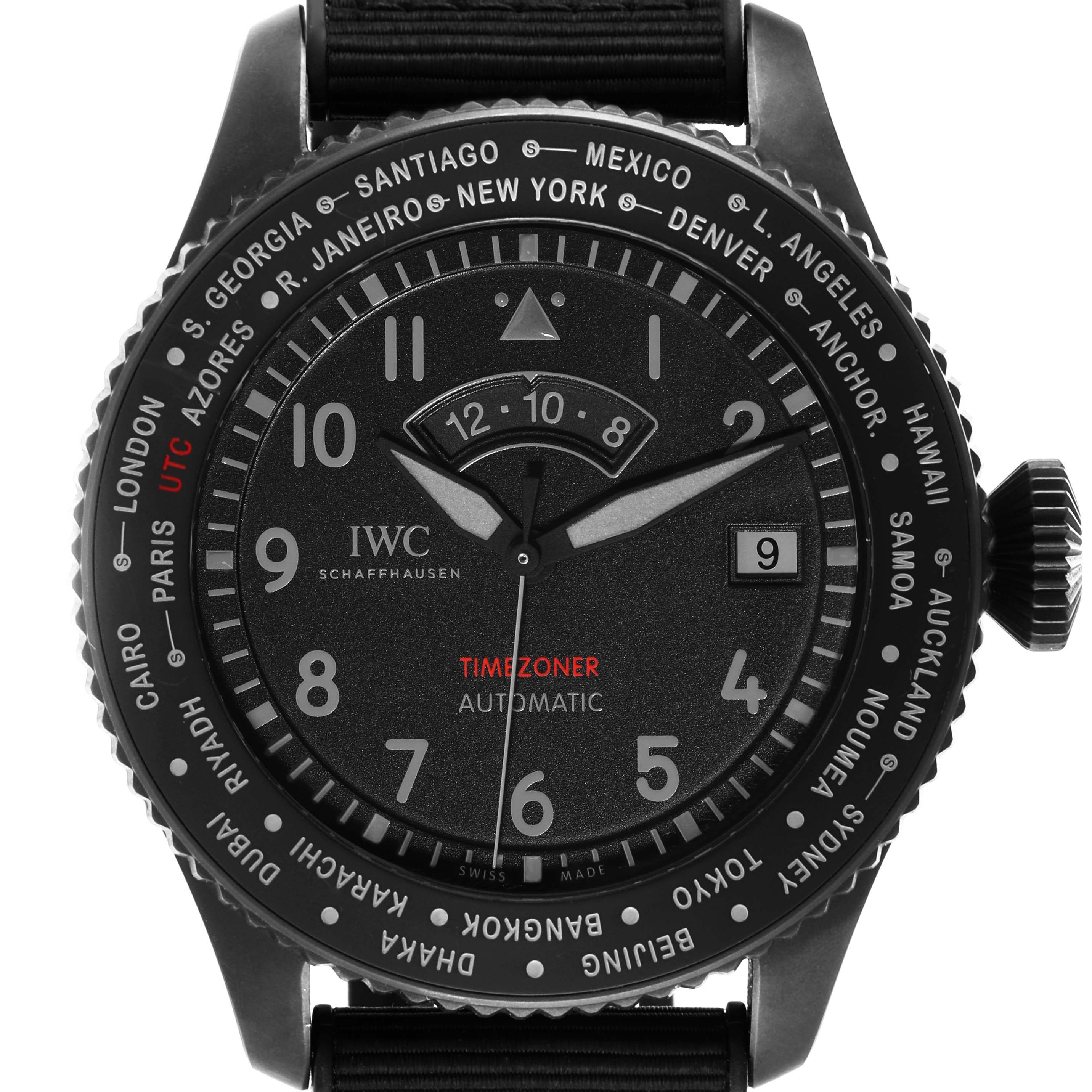 This image shows the front view of an IWC Pilot IW395505 Men's Ceramic Black Dial IW395505 Men's Ceramic Black Dial Timezoner watch, highlighting the dial, bezel, and strap.