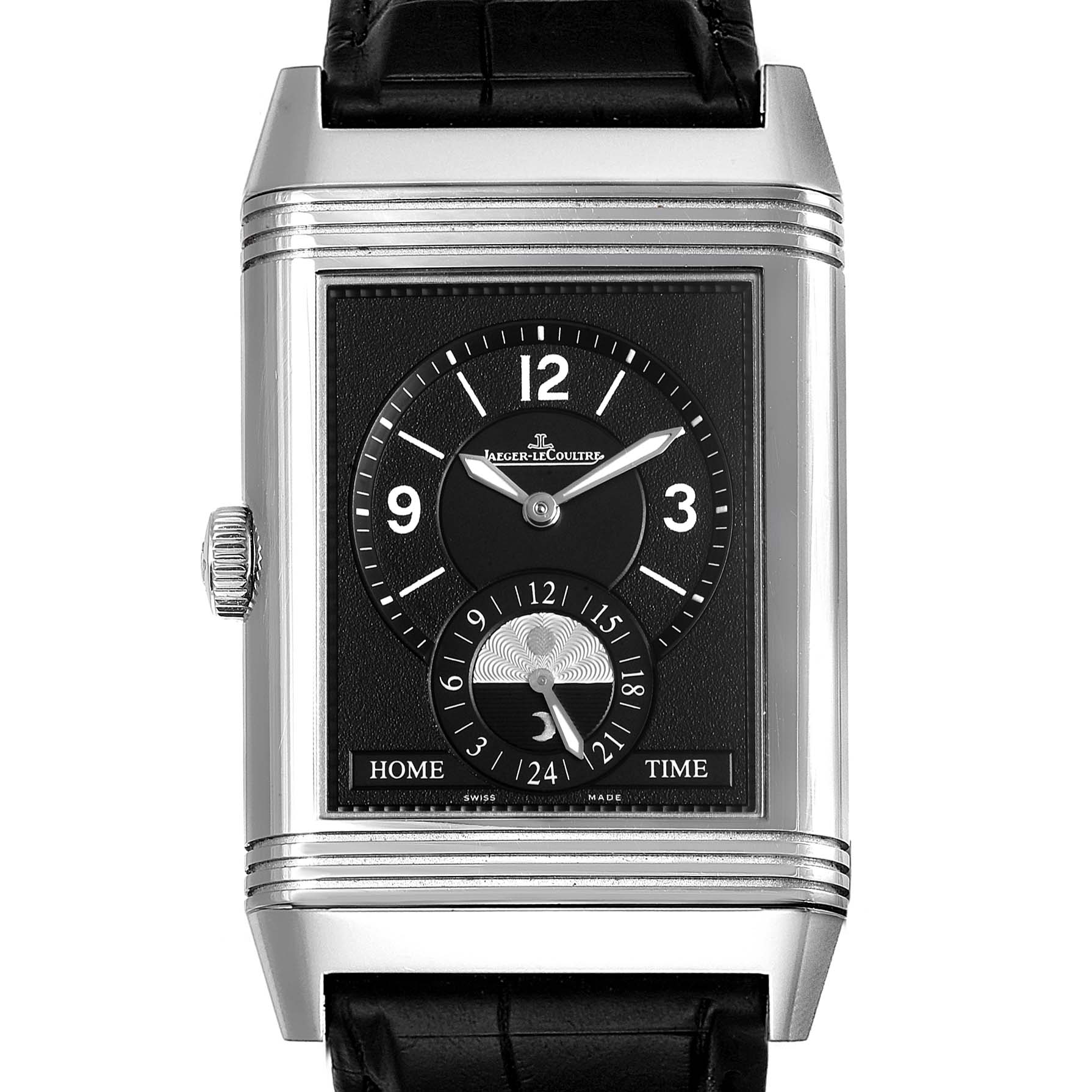 This Jaeger LeCoultre Reverso 274.8.85 Men's Stainless Steel Silver Dial 274.8.85 Men's Stainless Steel Silver Dial model watch is shown in a straight-on view displaying the front face and black leather strap.