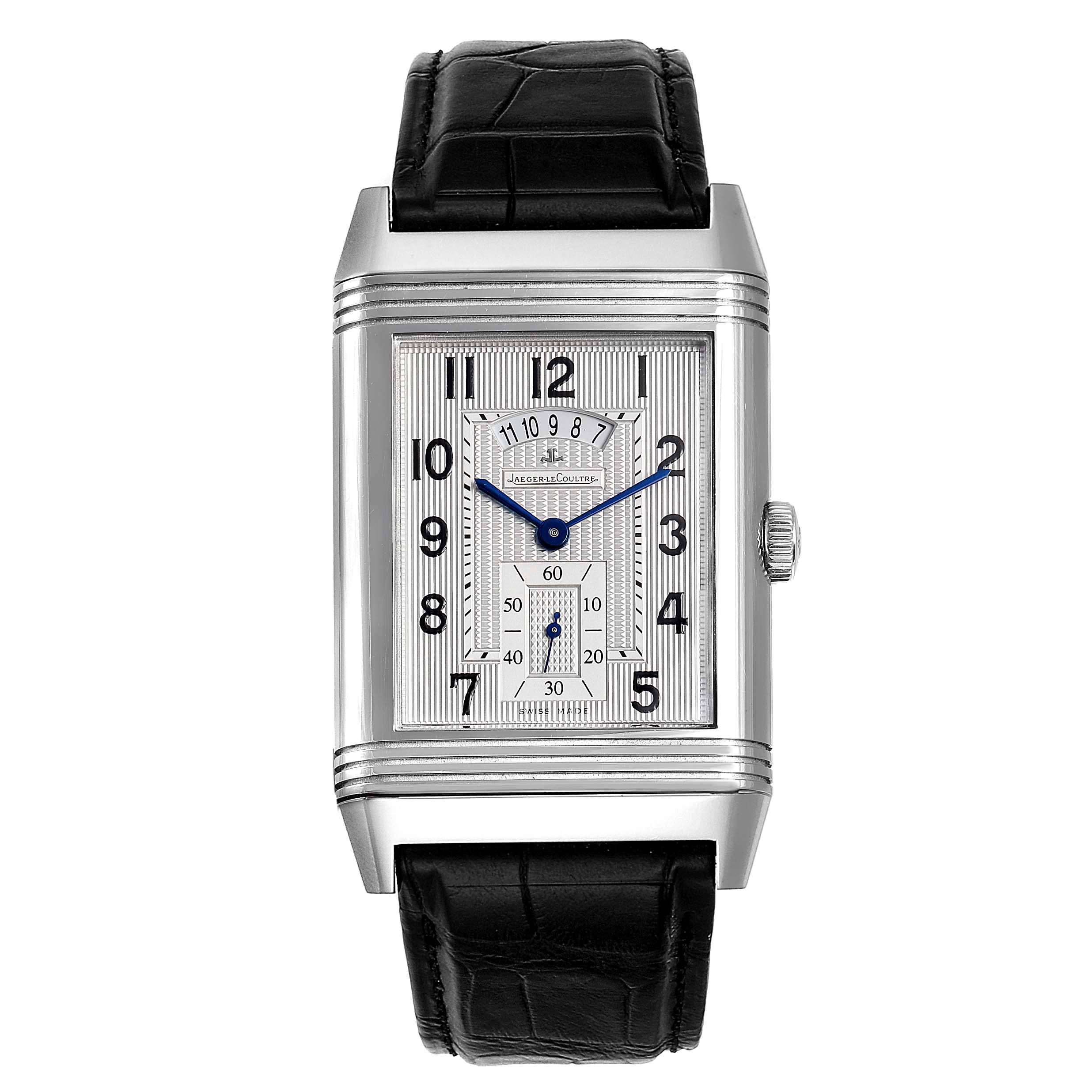The image shows a front view of the Jaeger LeCoultre Reverso 274.8.85 Men's Stainless Steel Silver Dial 274.8.85 Men's Stainless Steel Silver Dial watch, highlighting the dial, hands, and a portion of the leather strap.