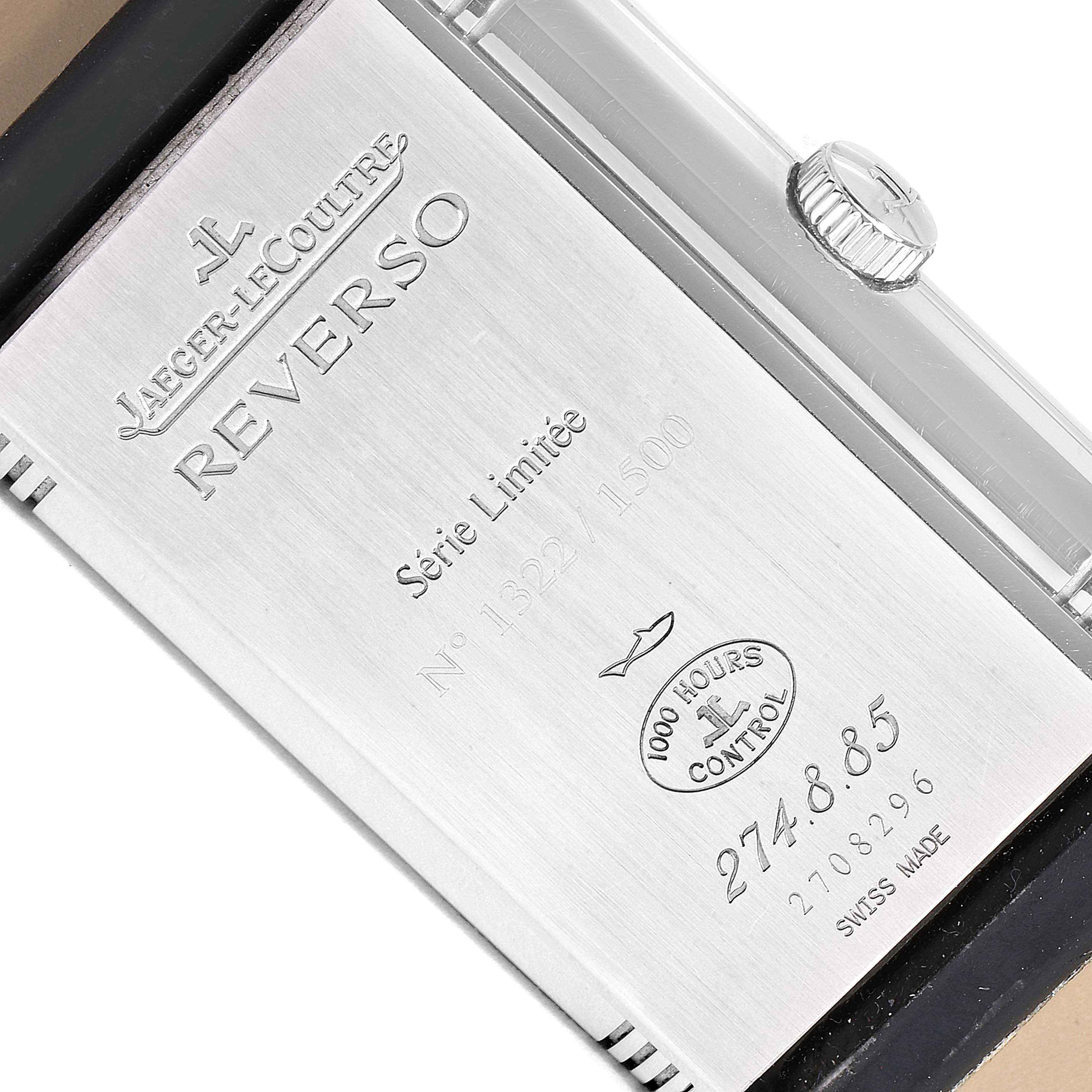 The image shows the back engraving and crown of a Jaeger LeCoultre Reverso 274.8.85 Men's Stainless Steel Silver Dial 274.8.85 Men's Stainless Steel Silver Dial watch, highlighting the limited series number.