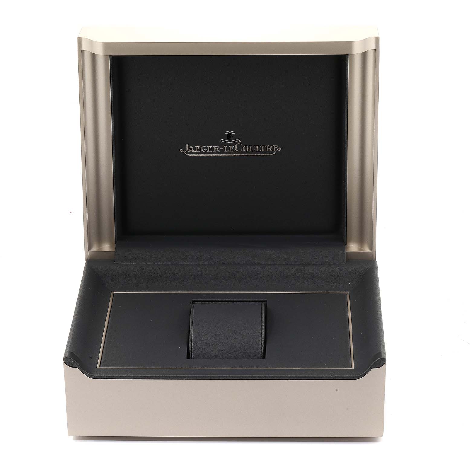 This image shows the open box for a Jaeger-LeCoultre Reverso watch, viewed from the front.
