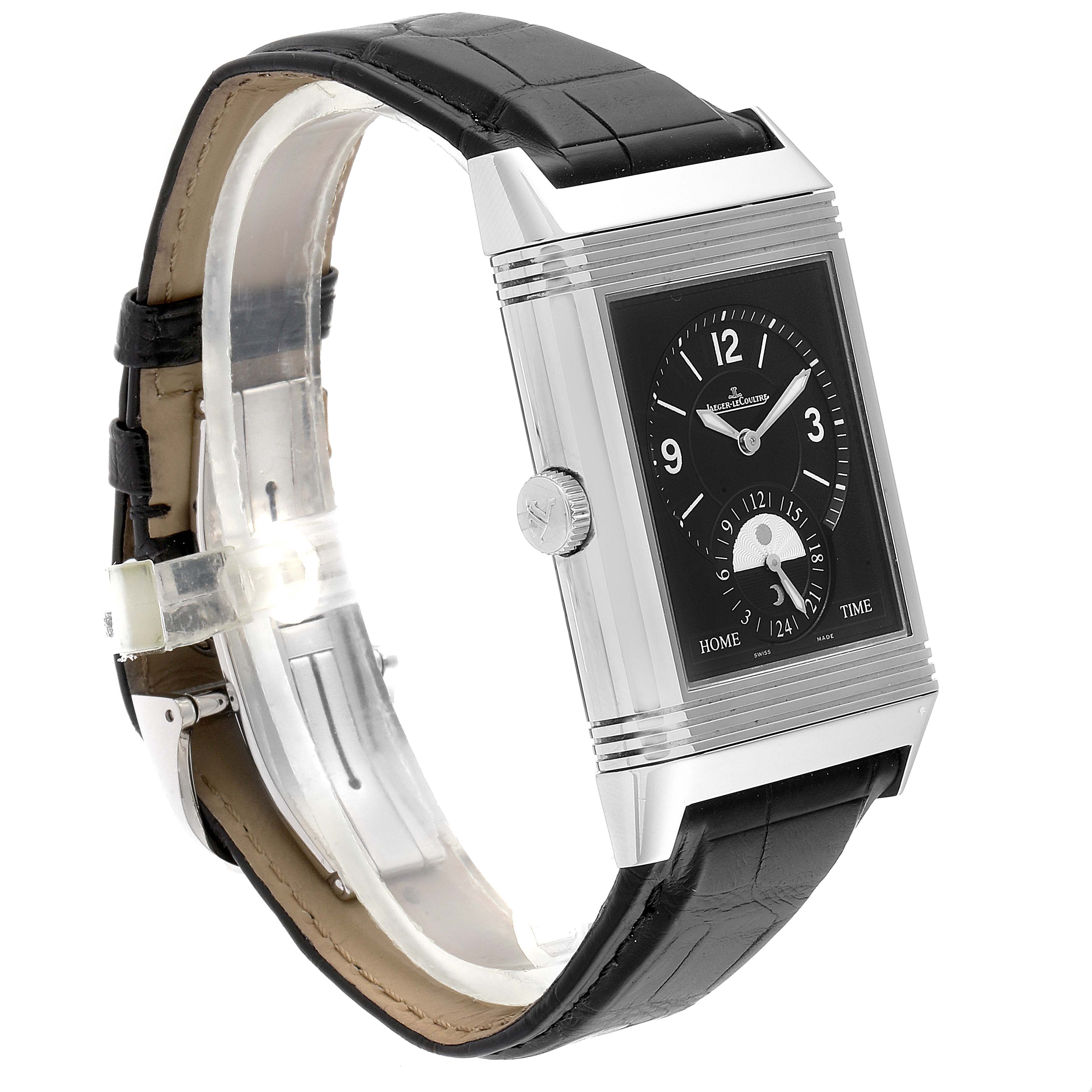 The Jaeger LeCoultre Reverso 274.8.85 Men's Stainless Steel Silver Dial 274.8.85 Men's Stainless Steel Silver Dial watch is shown at a slight angle, displaying its face, crown, and black leather strap.