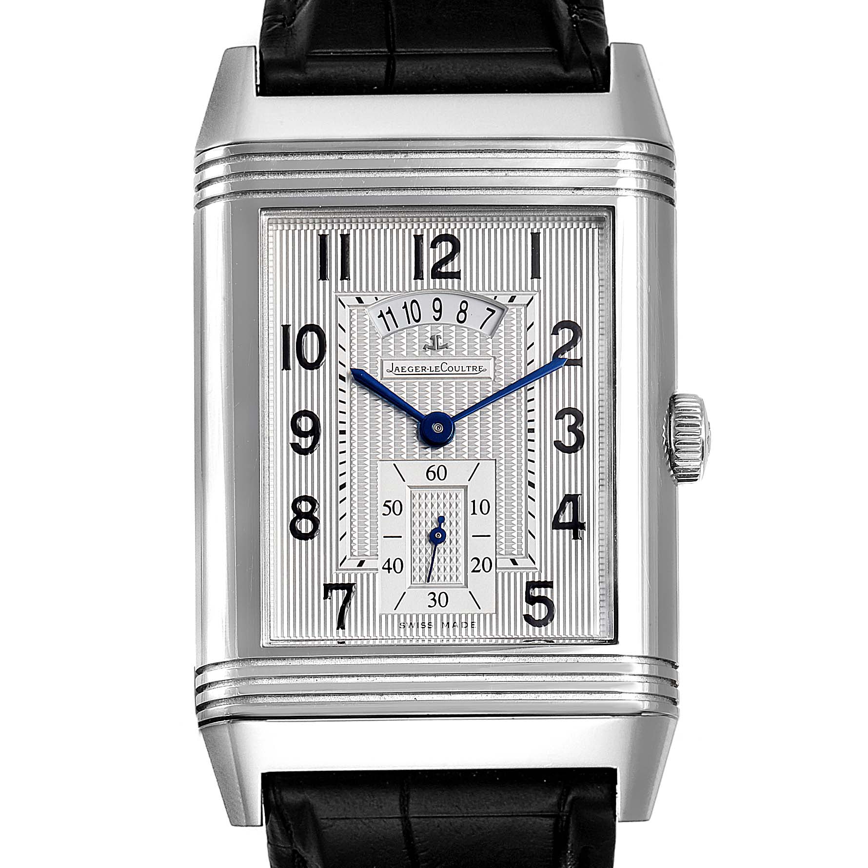 The image shows a front view of a Jaeger LeCoultre Reverso 274.8.85 Men's Stainless Steel Silver Dial 274.8.85 Men's Stainless Steel Silver Dial watch, displaying the face, hour markers, hands, and crown.