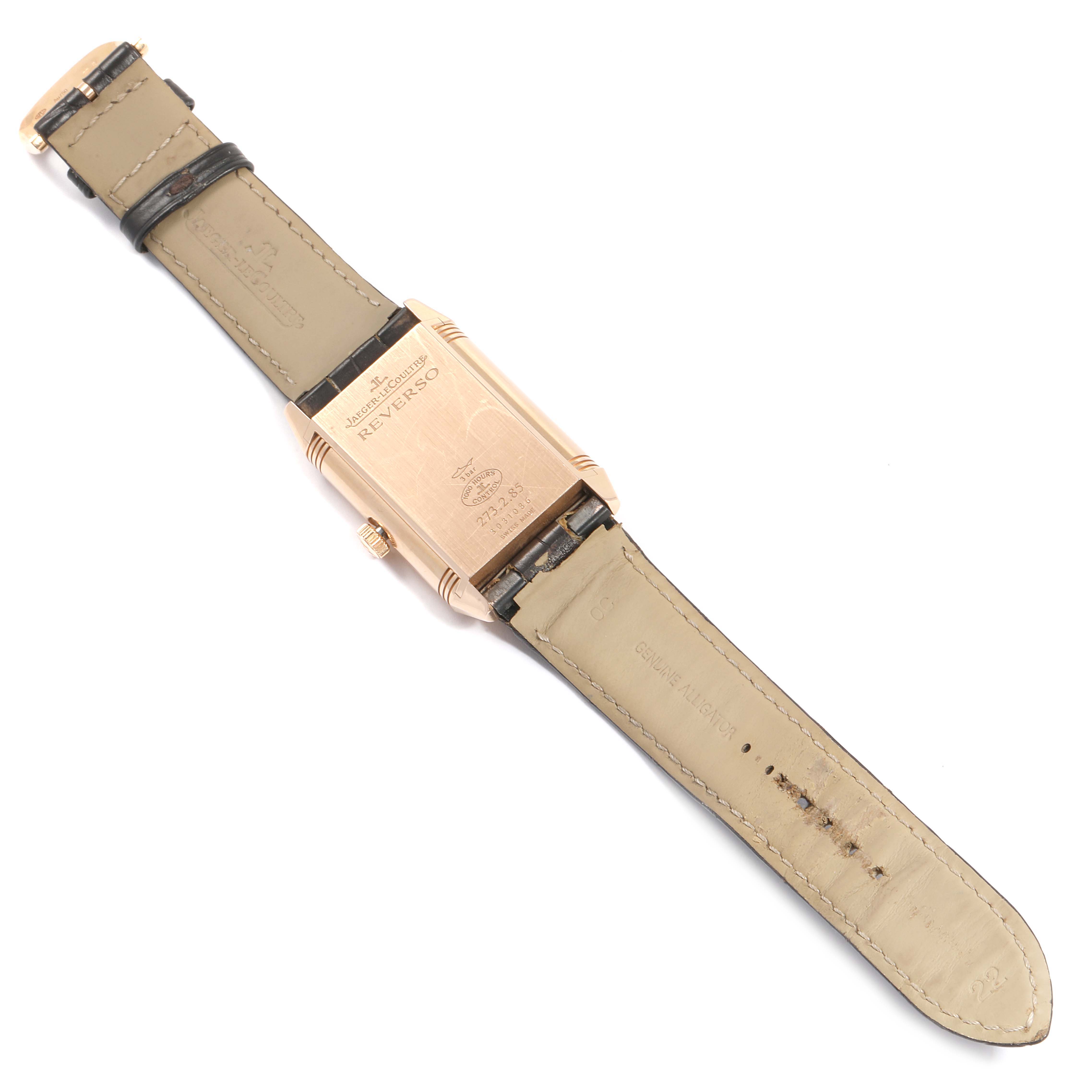 The image shows the back view of a Jaeger LeCoultre Reverso Q3742521 Men's Rose Gold Silver Dial Q3742521 Men's Rose Gold Silver Dial watch, including its strap and case back details.