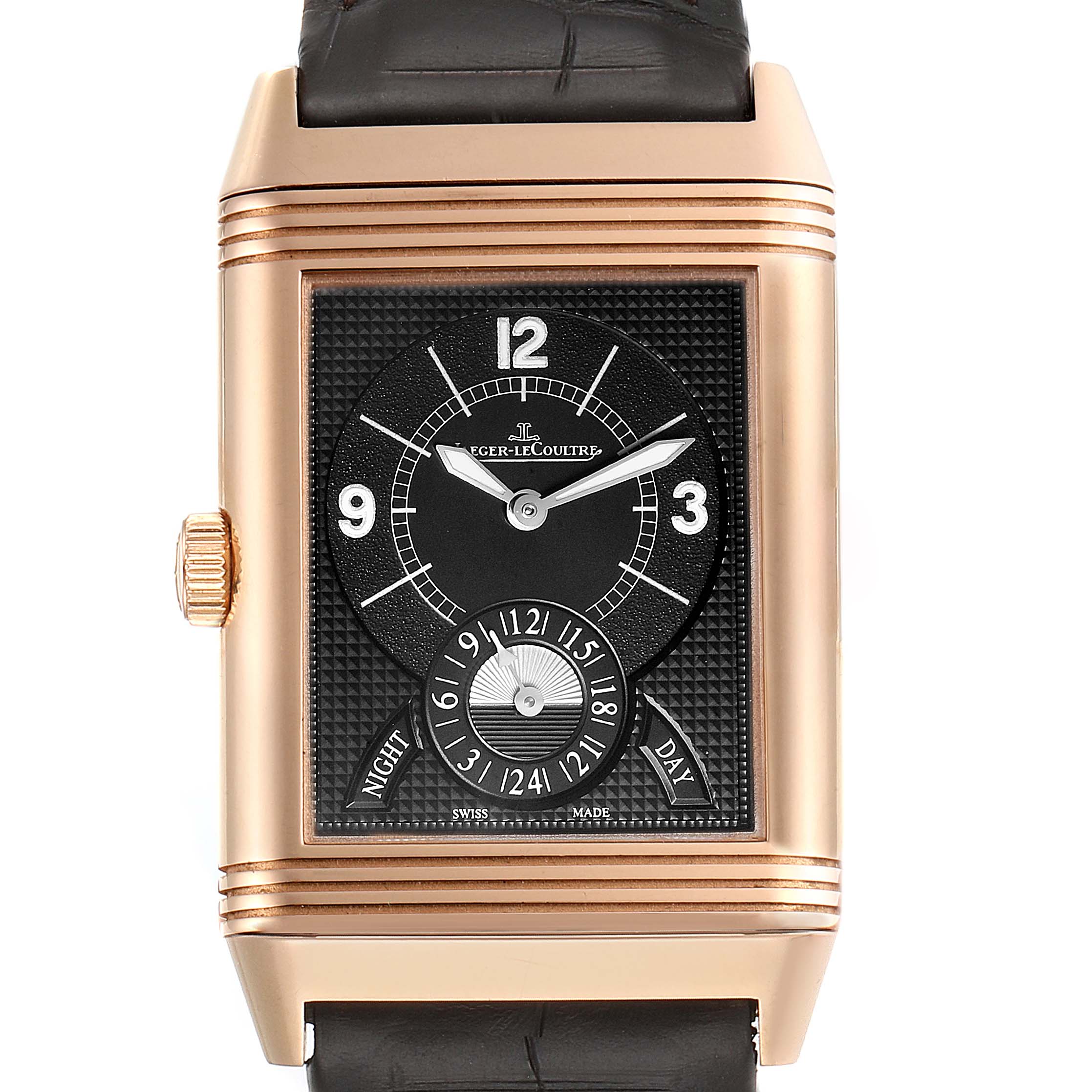 This image shows a front view of the Jaeger-LeCoultre Reverso watch, showcasing its face and leather strap.