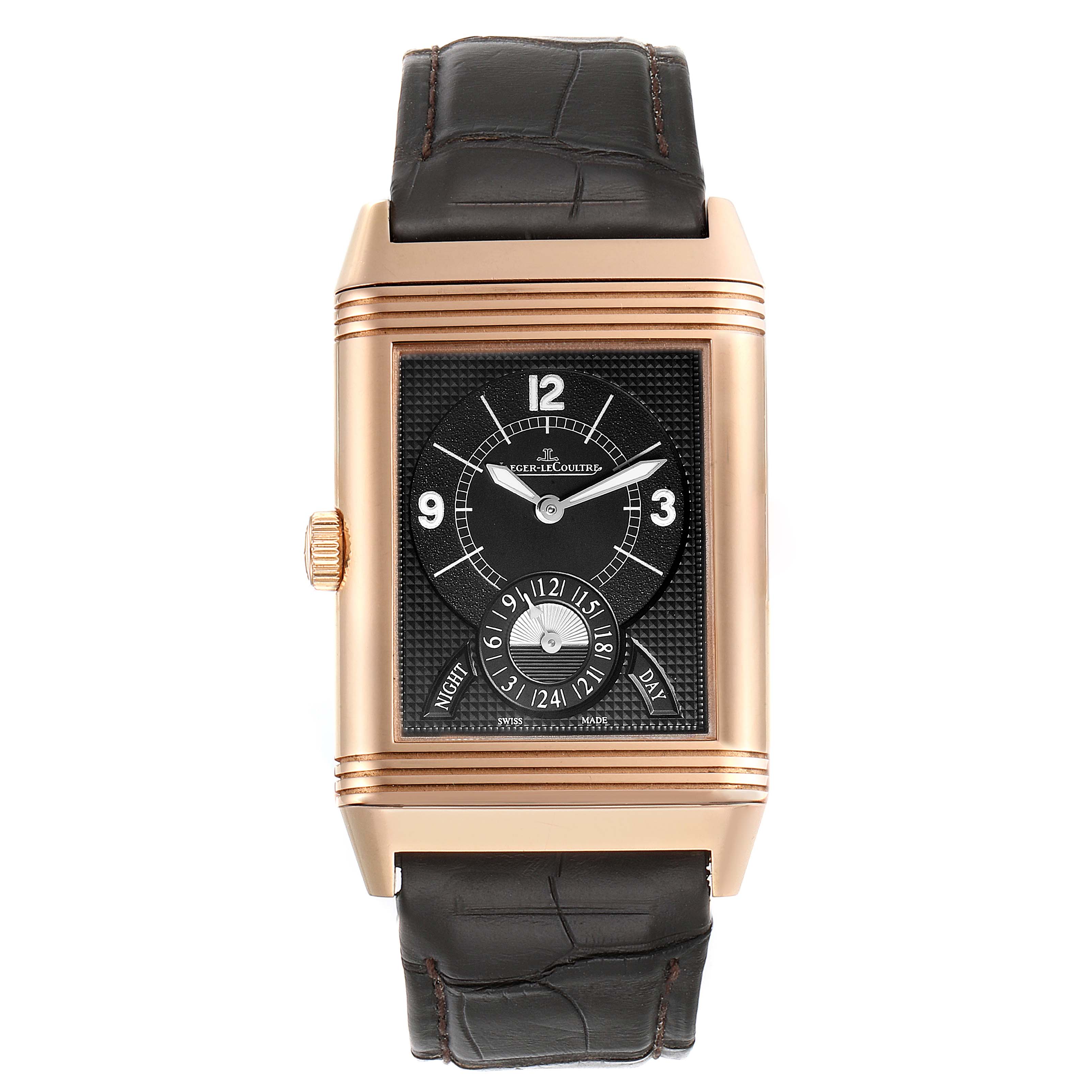 This image shows a Jaeger LeCoultre Reverso Q3742521 Men's Rose Gold Silver Dial Q3742521 Men's Rose Gold Silver Dial watch from the front, highlighting the dial, case, and leather strap.