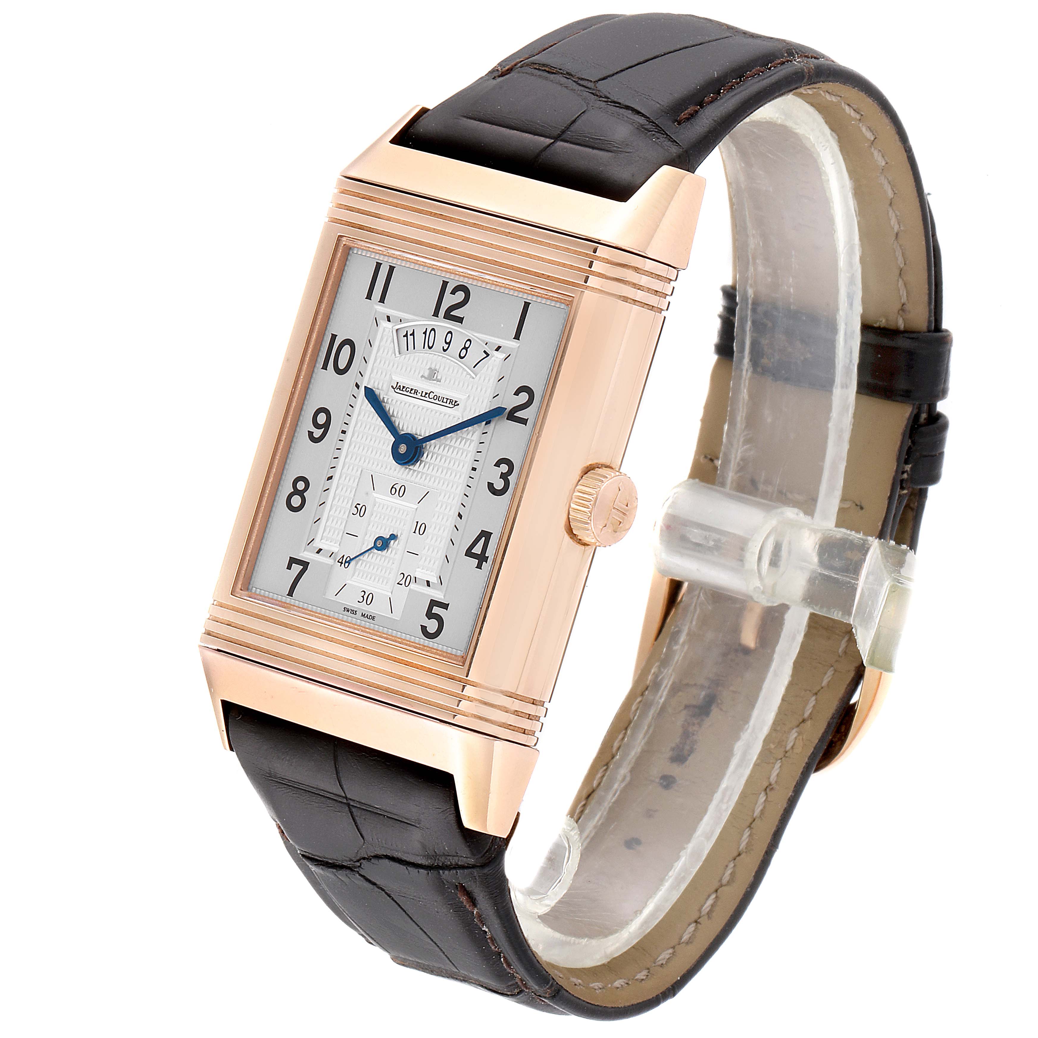 The Jaeger LeCoultre Reverso Q3742521 Men's Rose Gold Silver Dial Q3742521 Men's Rose Gold Silver Dial watch is shown at a slight angle, featuring its rectangle case, crown, and leather strap.