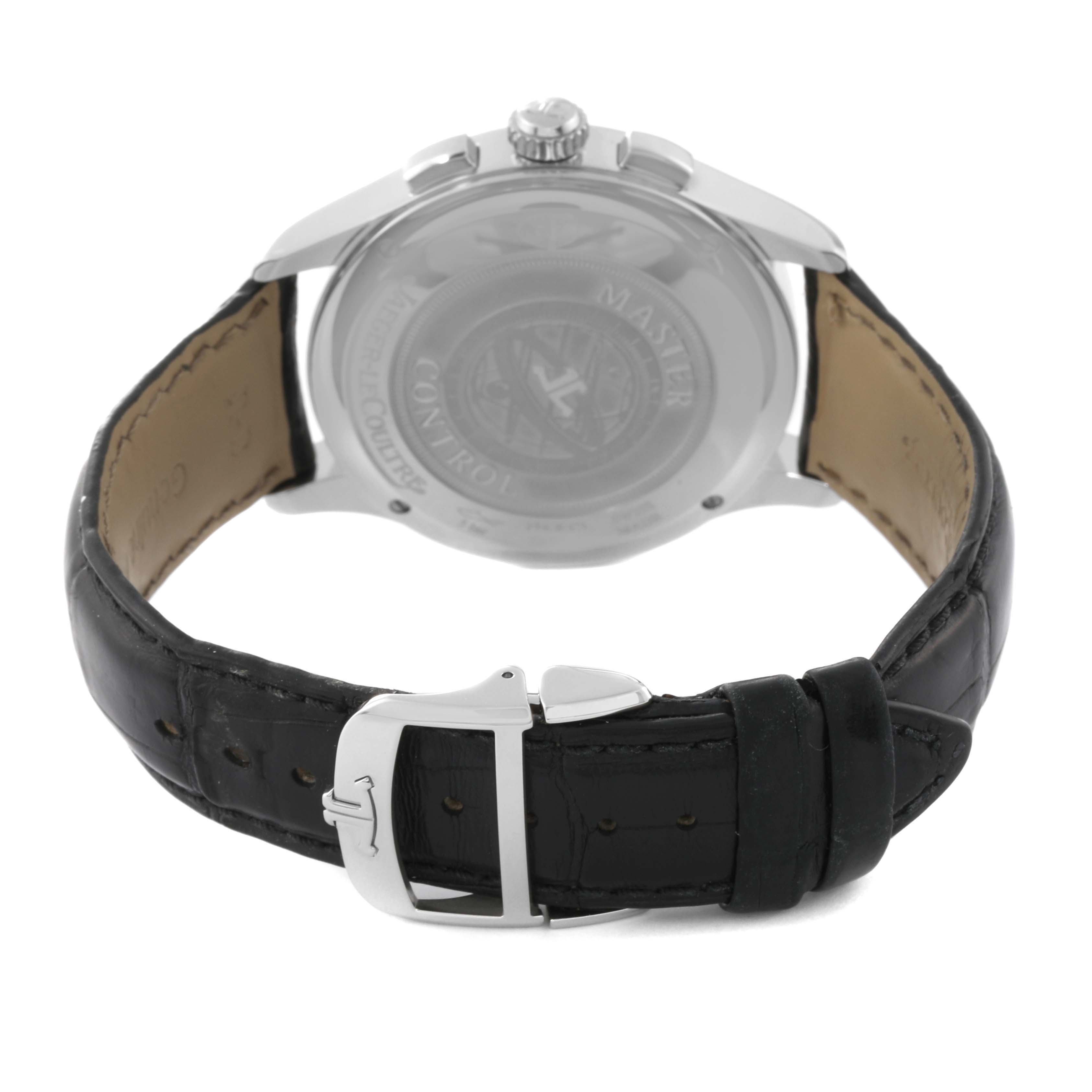 This image shows the back view of the Jaeger LeCoultre Master Q1538420 Men's Stainless Steel Silver Dial Q1538420 Men's Stainless Steel Silver Dial model watch, including its case back and black leather strap with buckle.